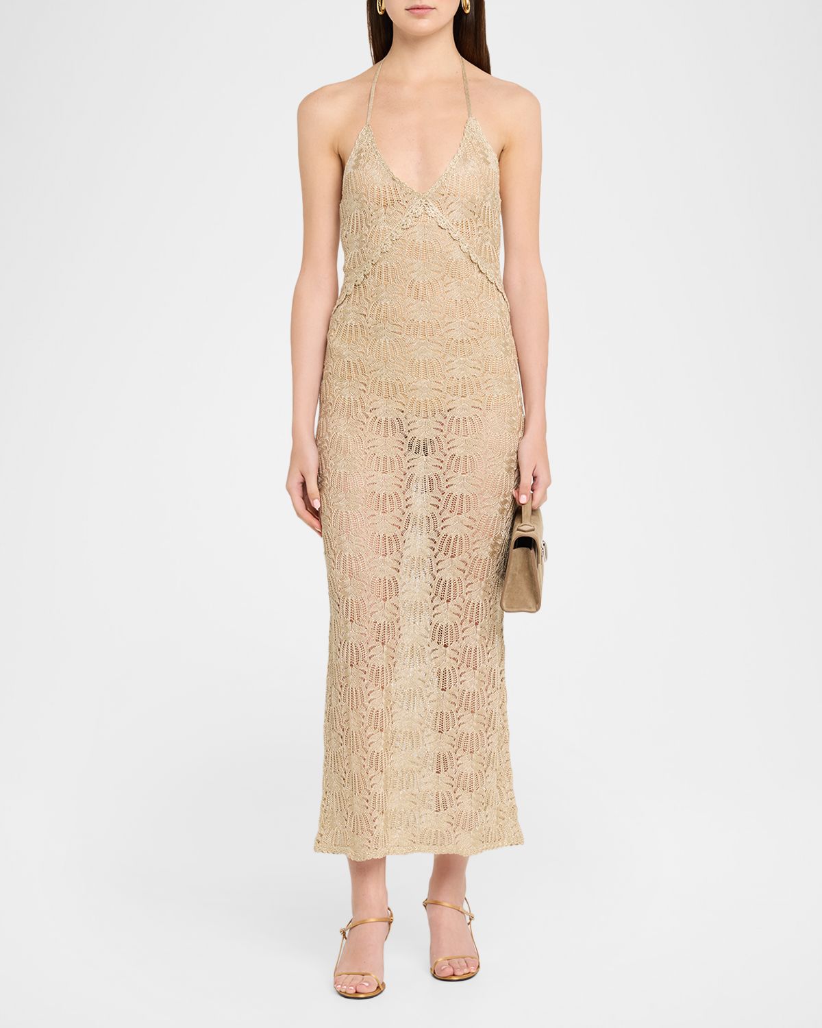 LoveShackFancy Vreya Metallic Crochet Halter Dress