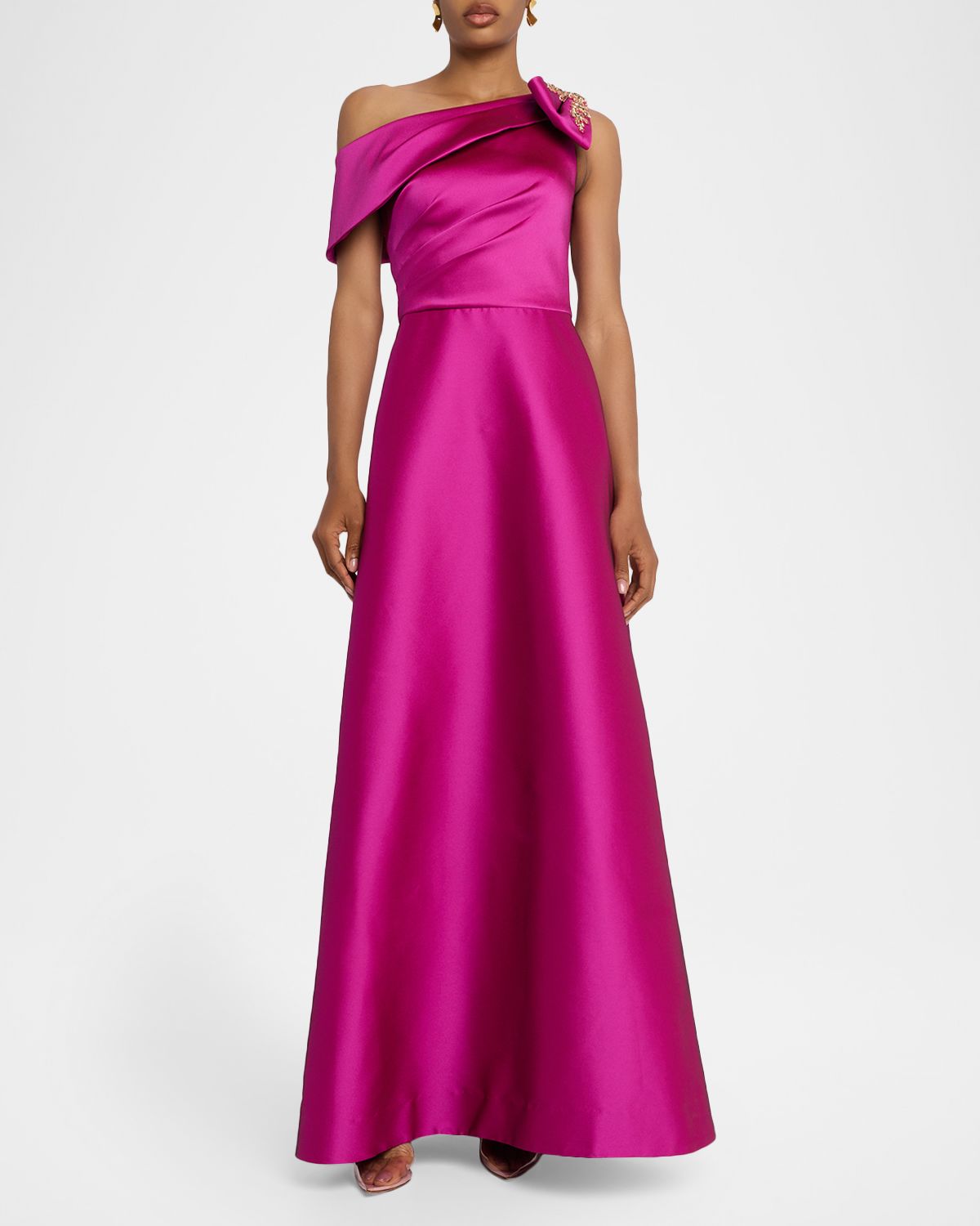 Rickie Freeman for Teri Jon Draped One-Shoulder Bow Gown