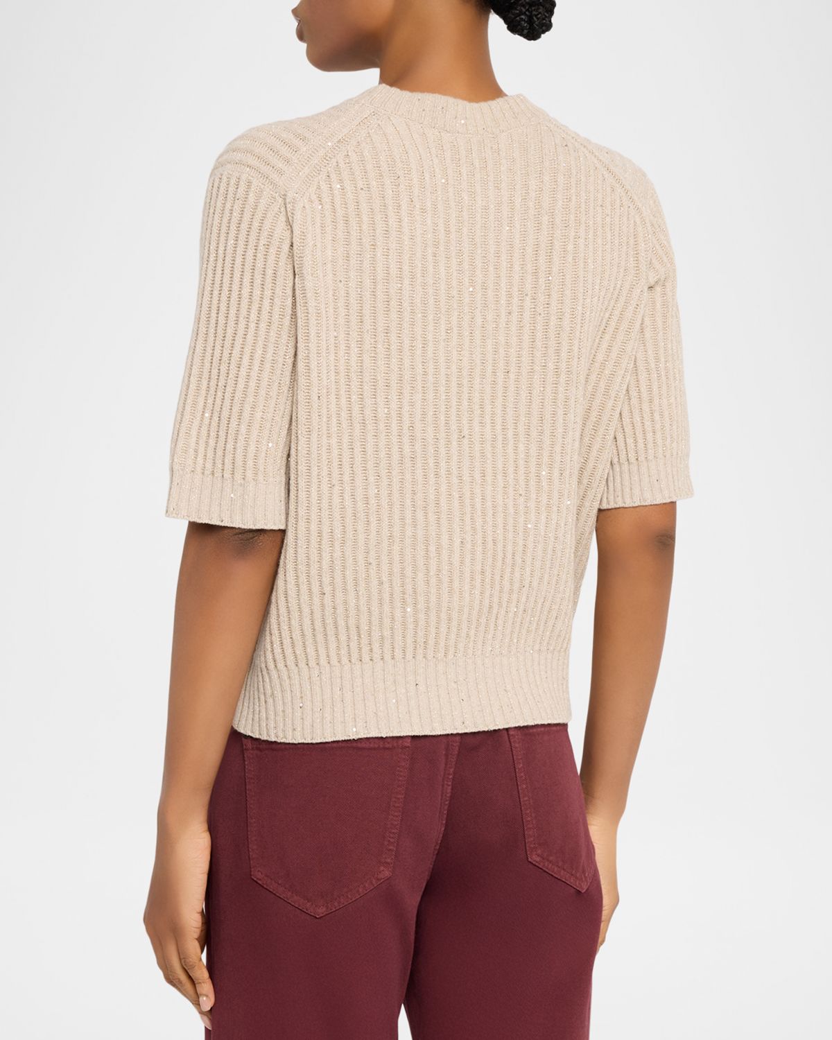Brunello Cucinelli Shimmering Cashmere English Rib Short-Sleeve Sweater | Thumbnail 3 Brunello Cucinelli Shimmering Cashmere English Rib Short-Sleeve Sweater | Thumbnail 3