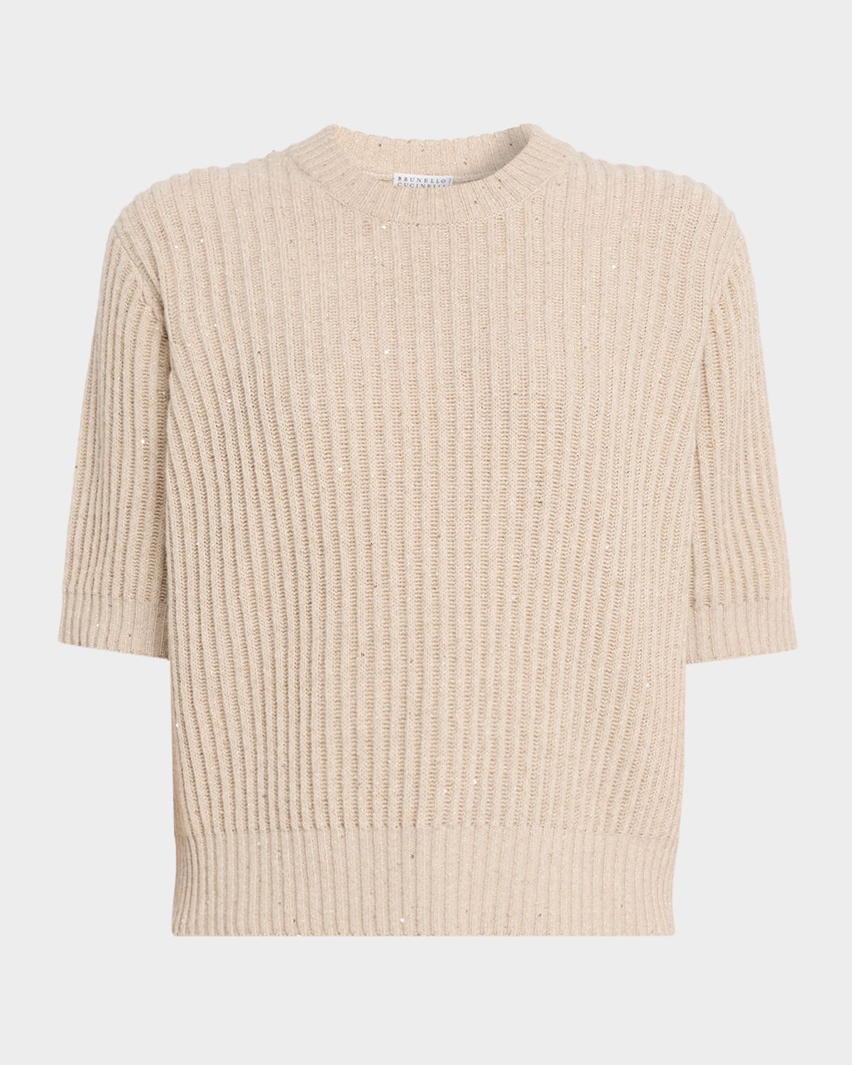 Brunello Cucinelli Shimmering Cashmere English Rib Short-Sleeve Sweater