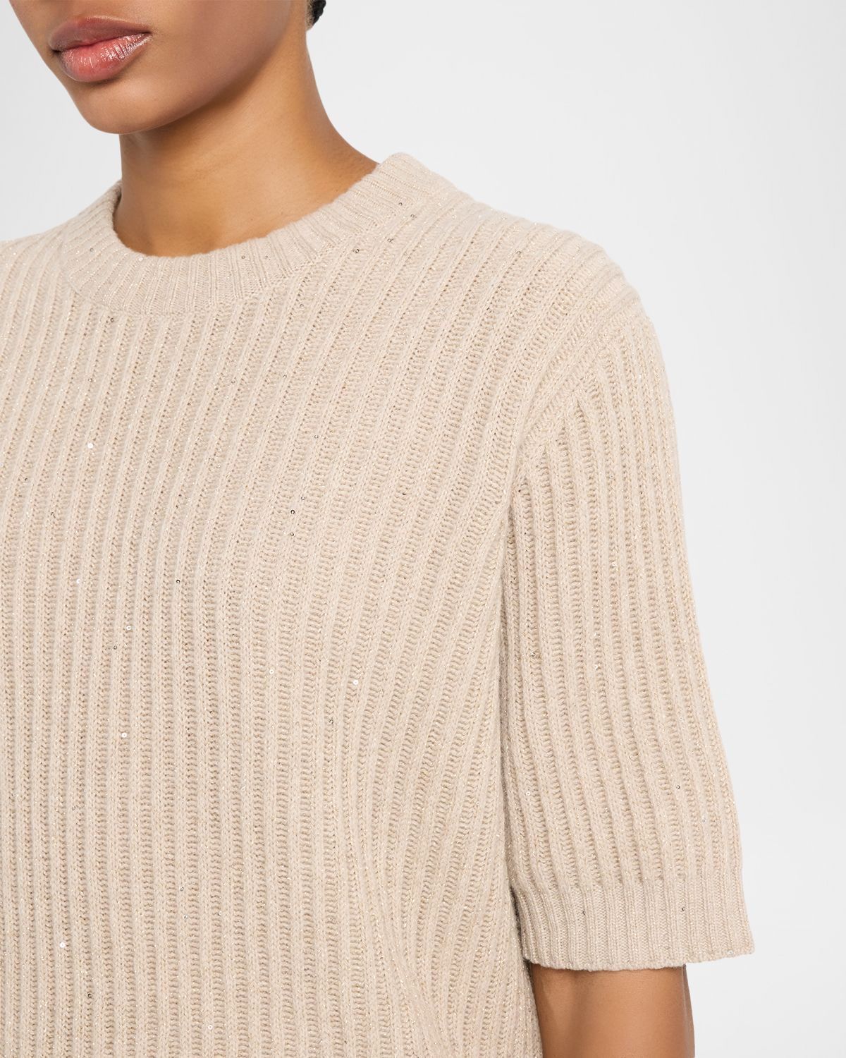 Brunello Cucinelli Shimmering Cashmere English Rib Short-Sleeve Sweater | Thumbnail 5 Brunello Cucinelli Shimmering Cashmere English Rib Short-Sleeve Sweater | Thumbnail 5