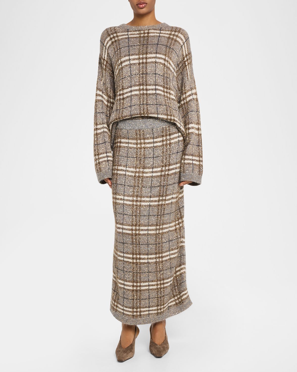 Brunello Cucinelli Shimmering Check Knit Maxi Skirt | Thumbnail 2