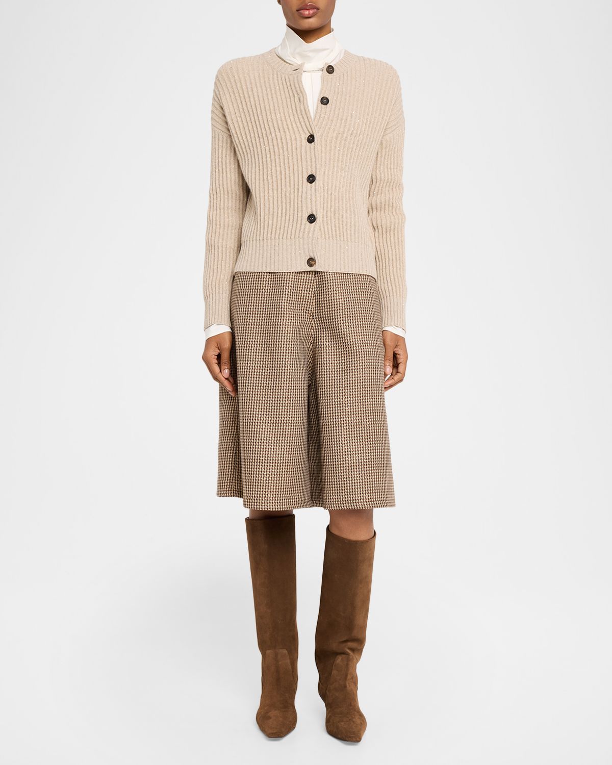 Brunello Cucinelli Shimmering Cashmere-Wool English Rib Crewneck Cardigan | Thumbnail 2