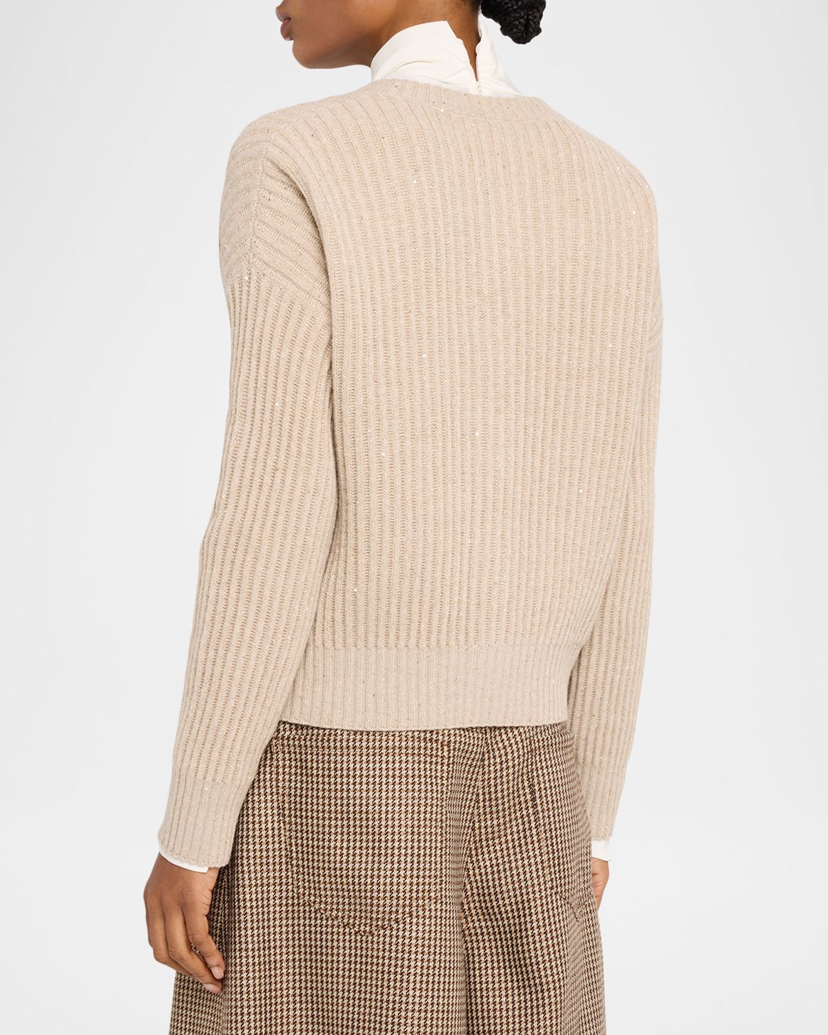 Brunello Cucinelli Shimmering Cashmere-Wool English Rib Crewneck Cardigan | Thumbnail 3