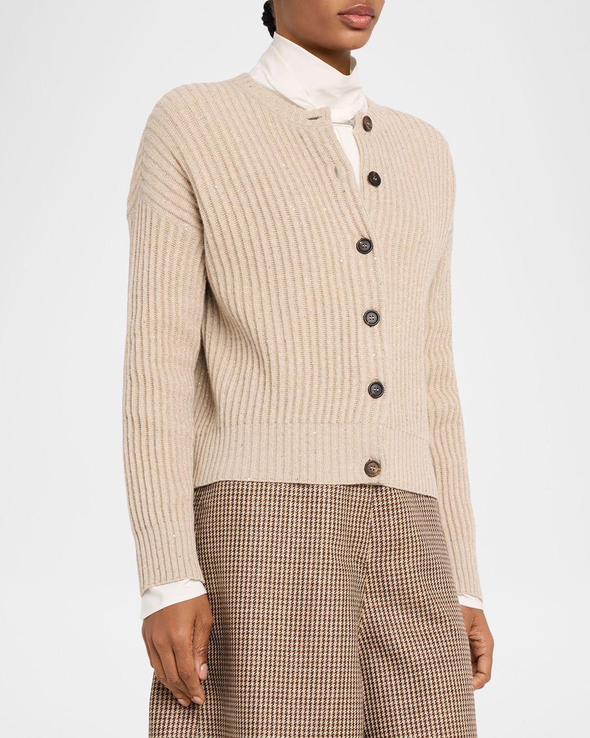 Brunello Cucinelli Shimmering Cashmere-Wool English Rib Crewneck Cardigan | Thumbnail 4