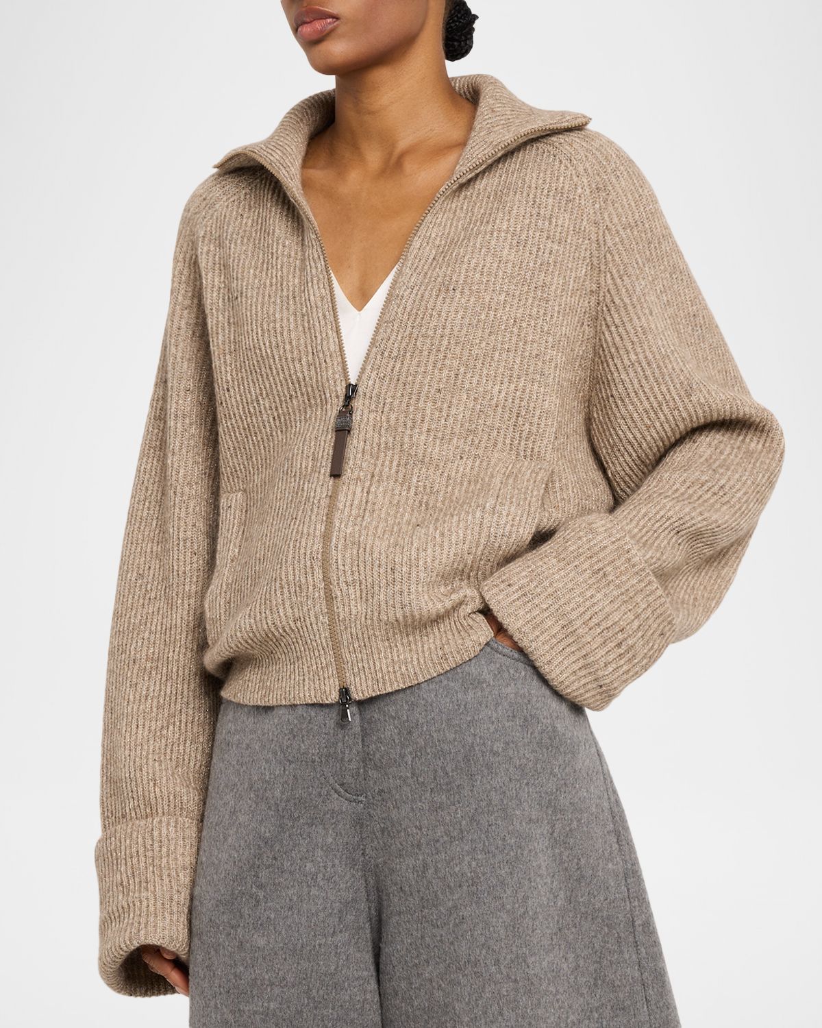 Brunello Cucinelli Cashmere-Mohair Ribbed Zip-Up Cardigan | Thumbnail 4