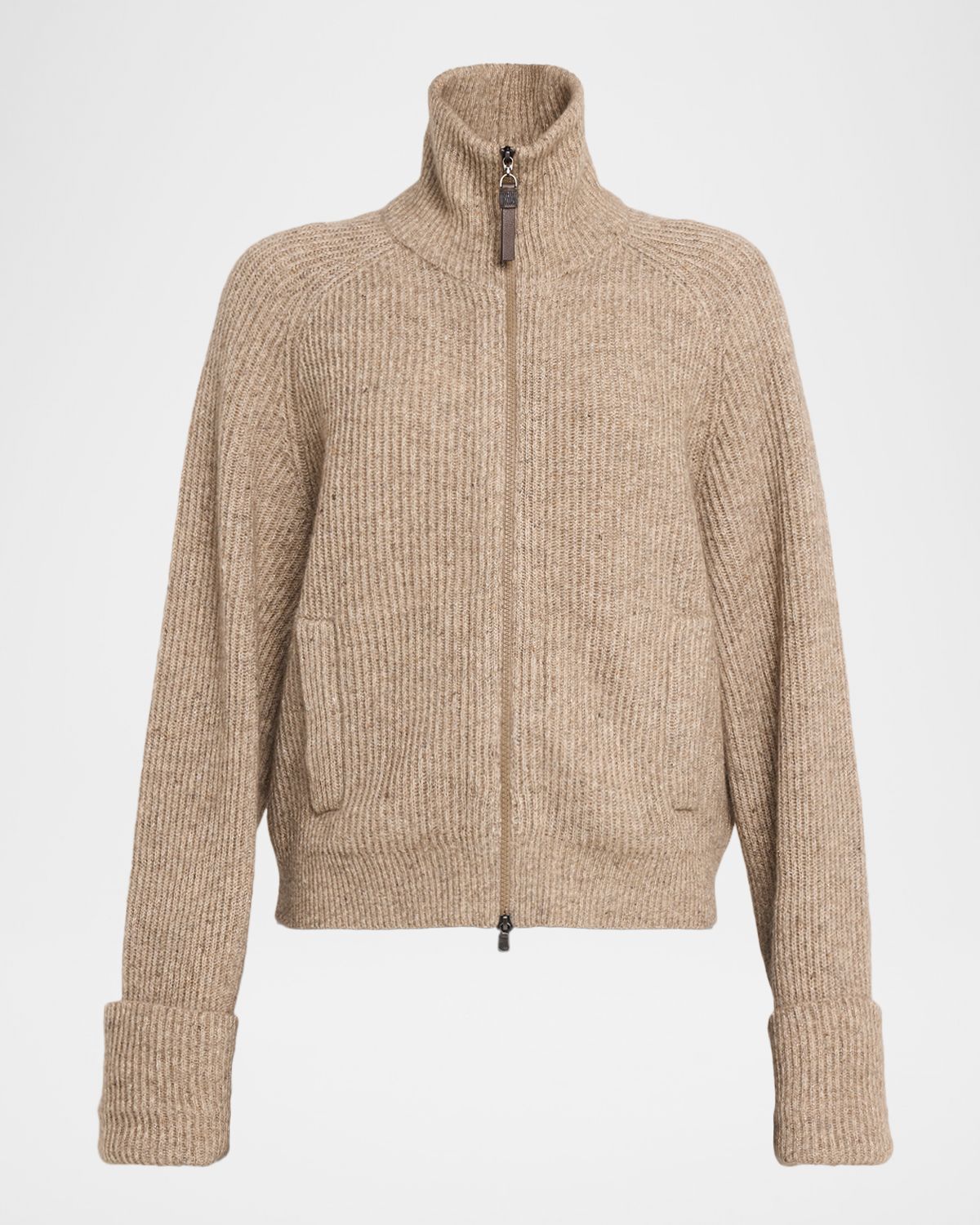 Brunello Cucinelli Cashmere-Mohair Ribbed Zip-Up Cardigan