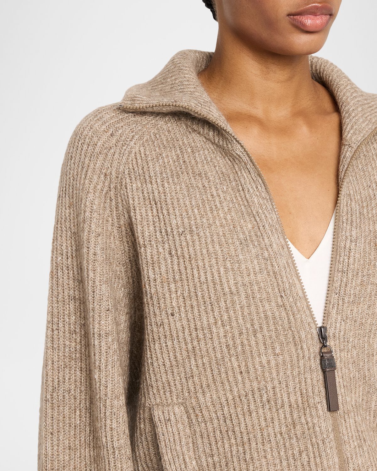 Brunello Cucinelli Cashmere-Mohair Ribbed Zip-Up Cardigan | Thumbnail 5