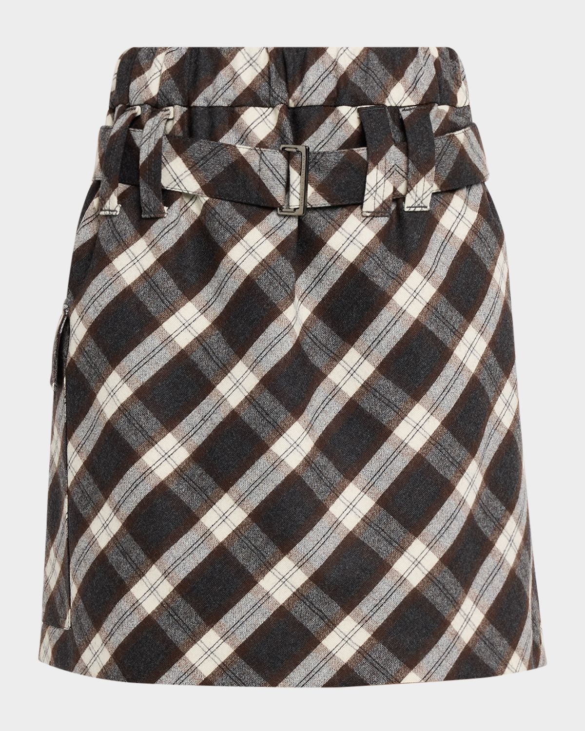 Brunello Cucinelli Wool-Blend Belted Plaid Skirt