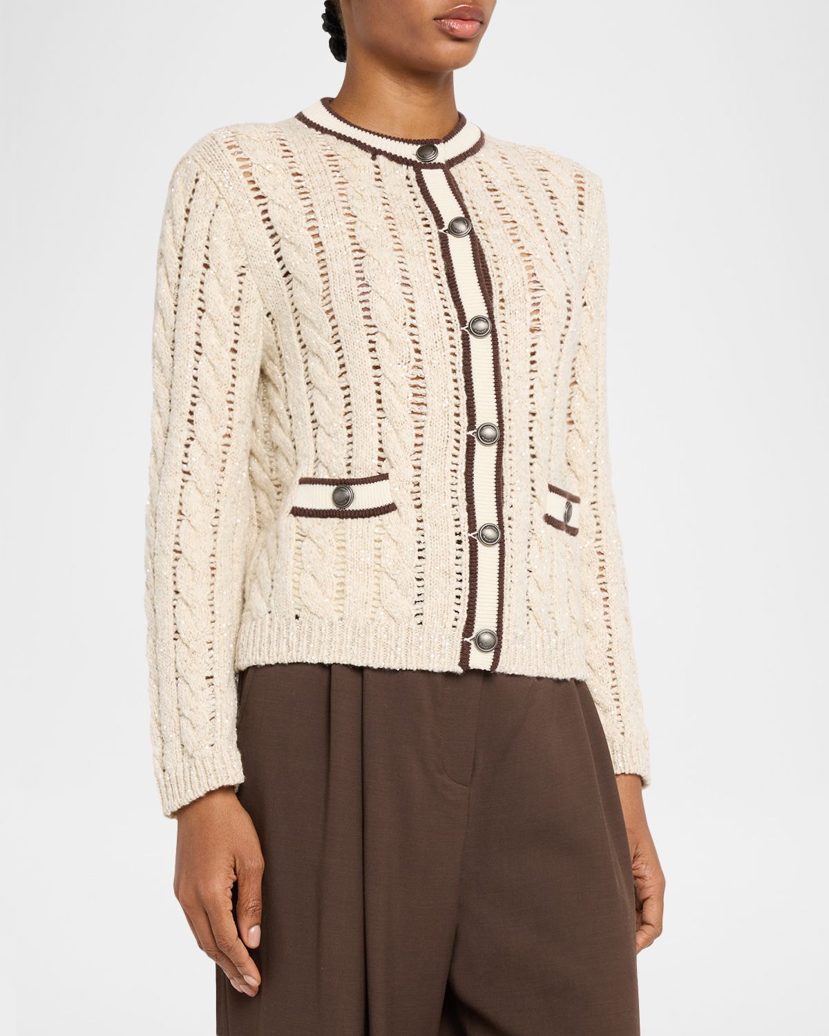 Brunello Cucinelli Micro Sequin Openwork Cable Knit Cardigan | Thumbnail 4 Brunello Cucinelli Micro Sequin Openwork Cable Knit Cardigan | Thumbnail 4