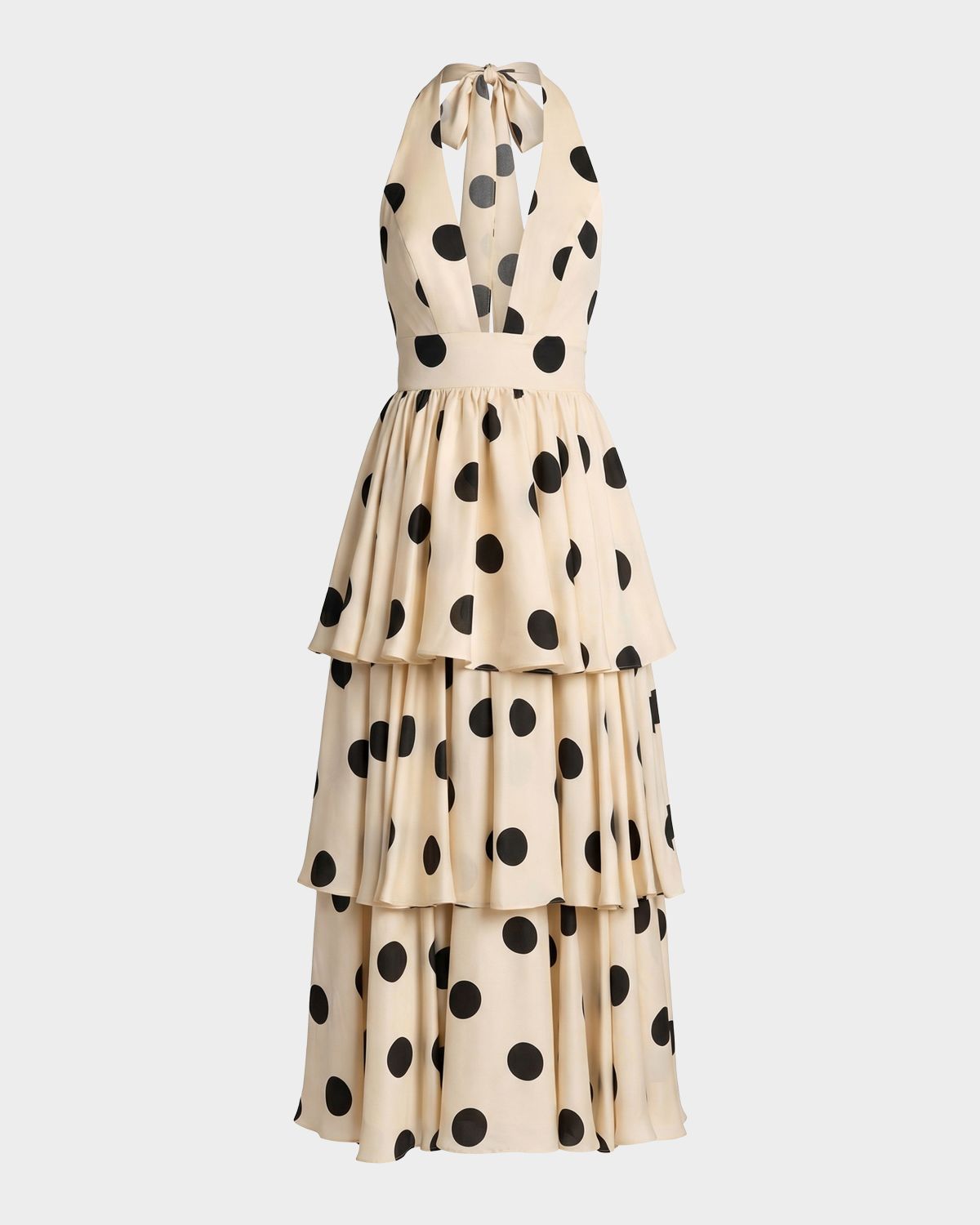 Mac Duggal Plunging Tiered Polka Dot Maxi Dress