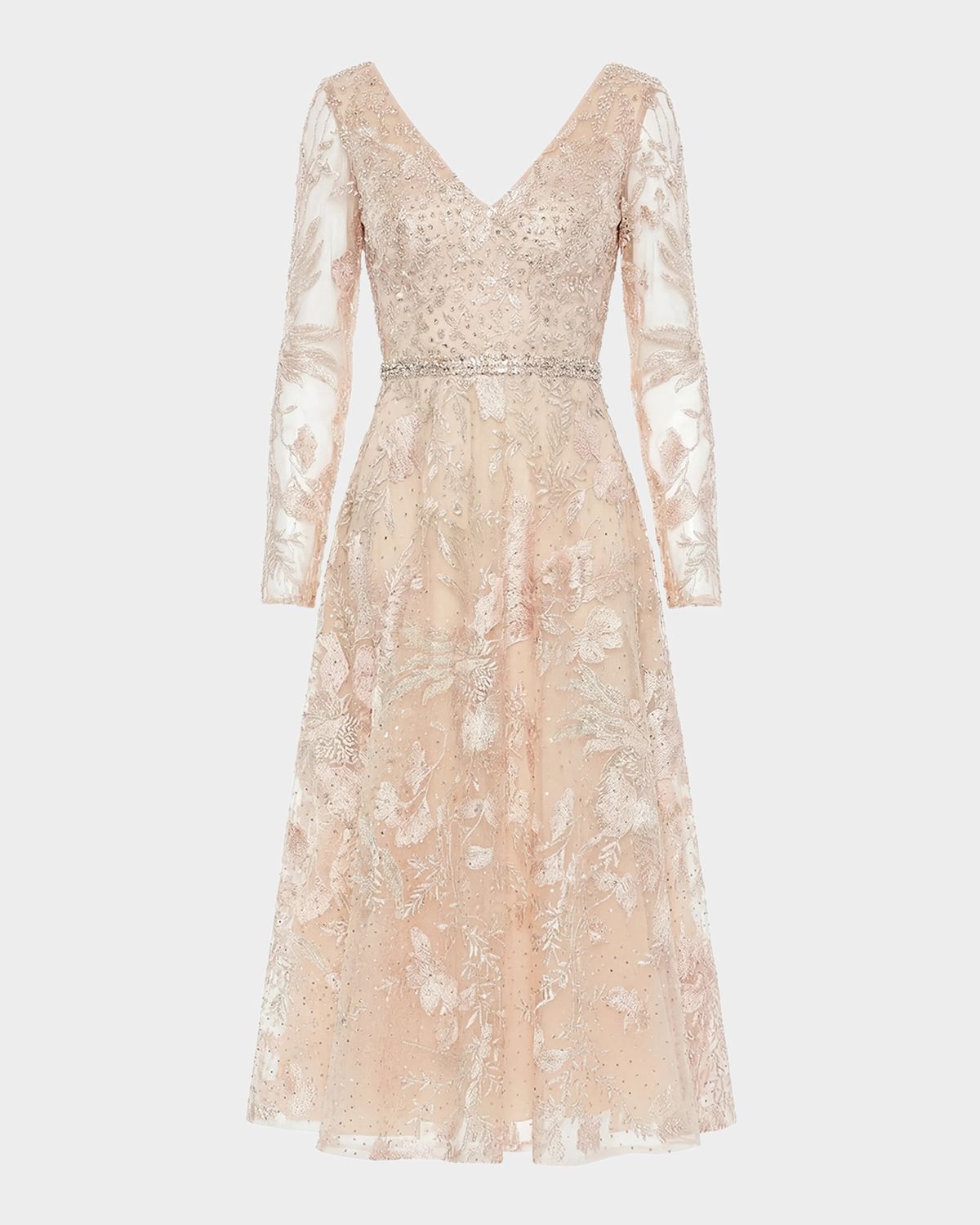 Mac Duggal Crystal Floral Embroidered Mesh Midi Dress
