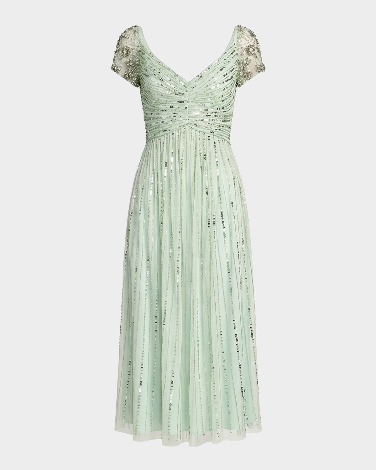 Mac Duggal Ruched Bead and Sequin Mesh Midi Dress