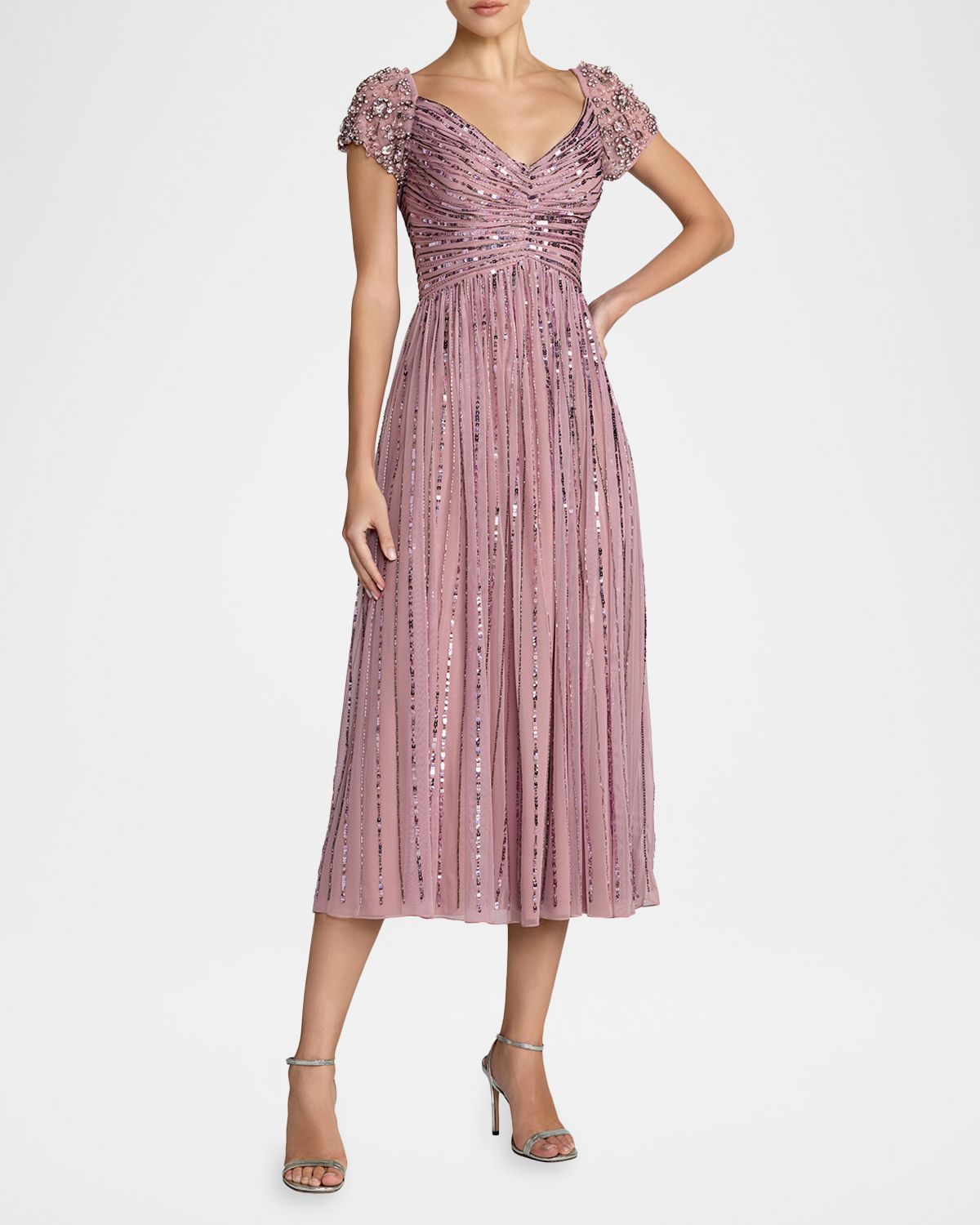 Mac Duggal Ruched Bead and Sequin Mesh Midi Dress | Thumbnail 5