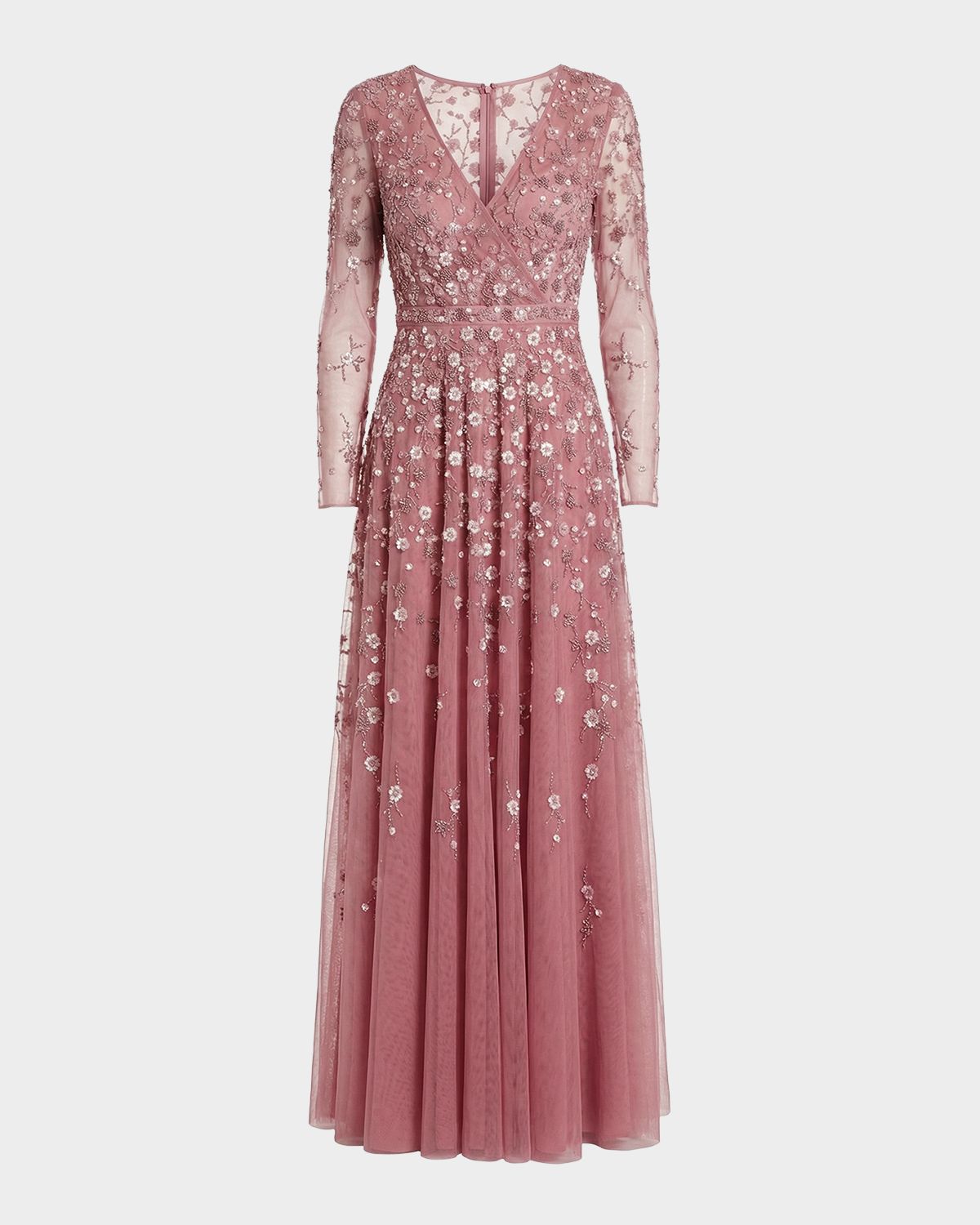 Mac Duggal Floral-Embellished Long-Sleeve A-Line Gown