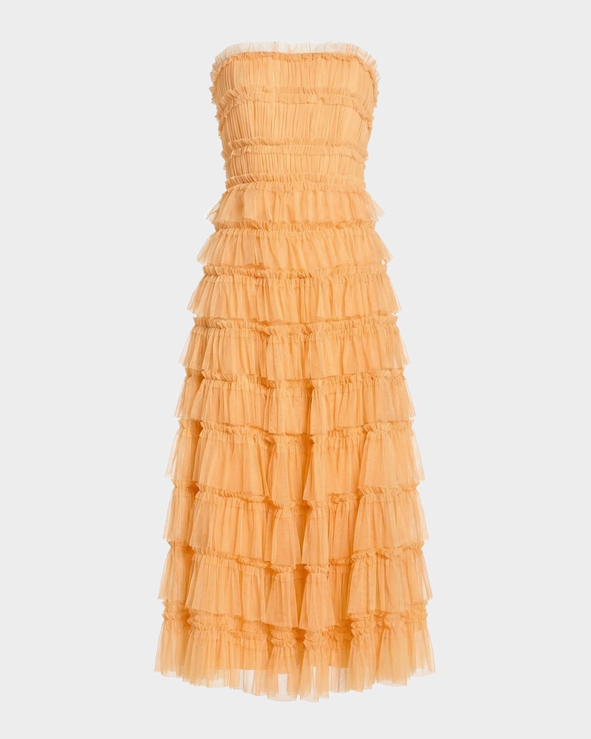 Mac Duggal Mesh Ruffled Strapless Midi-Dress