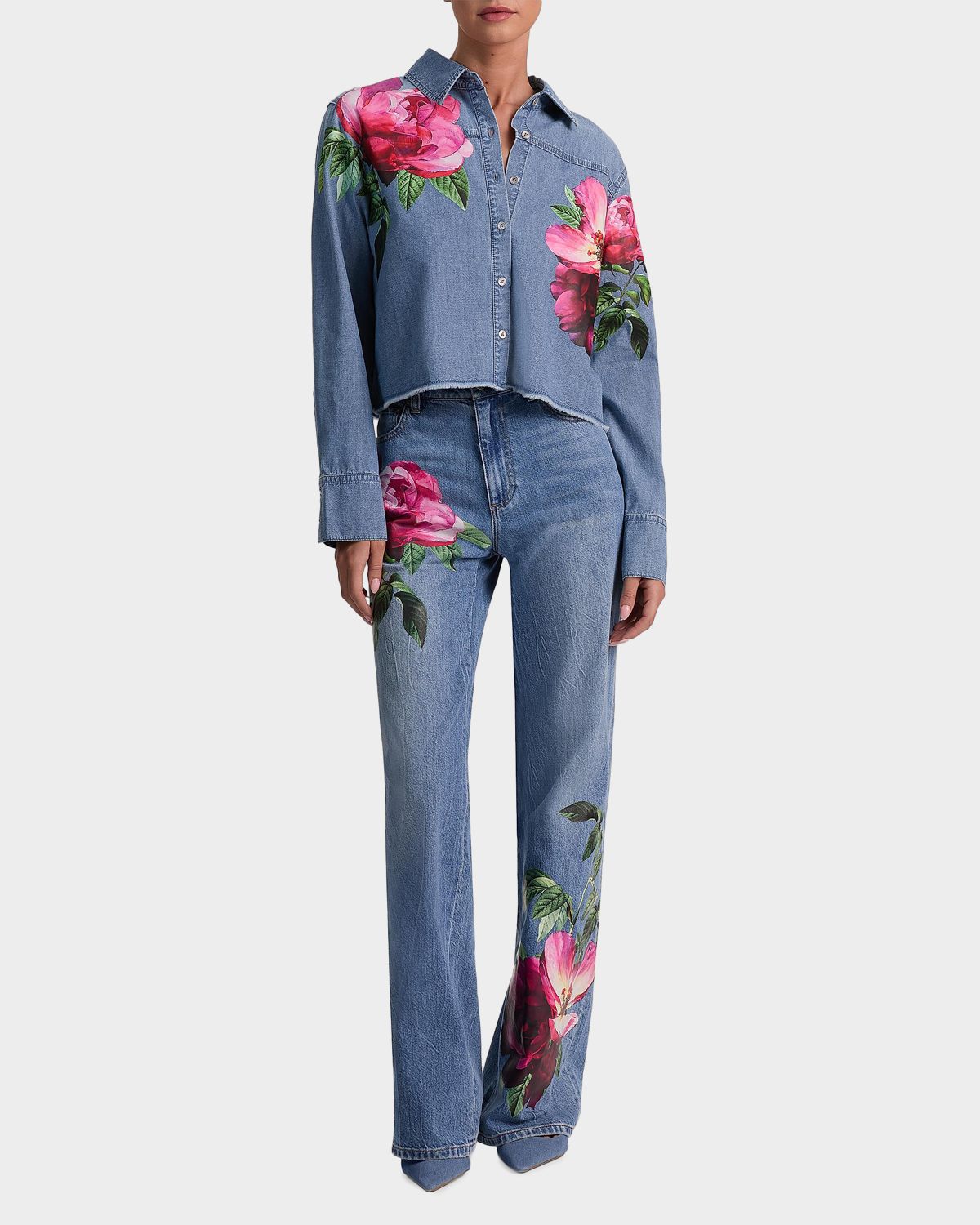 ALICE + OLIVIA Finely Floral Denim Oversized Crop Jacket