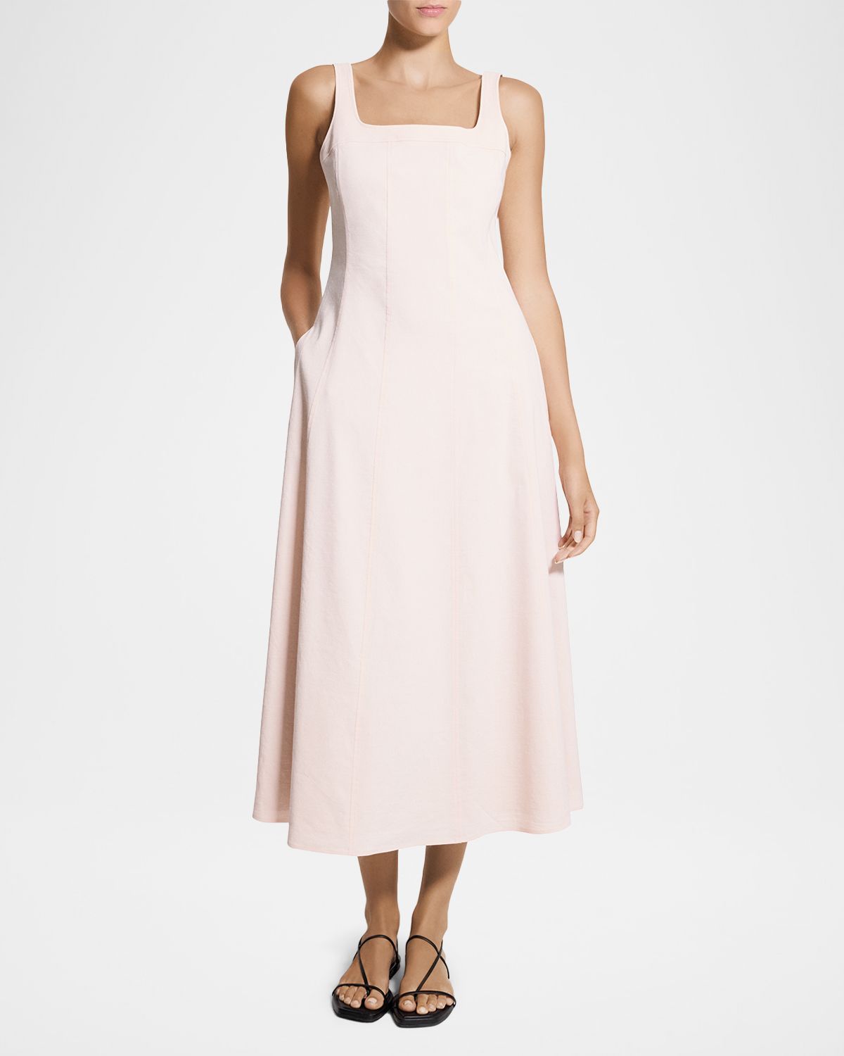 Theory Sleeveless Square-Neck Seamed Midi Dress