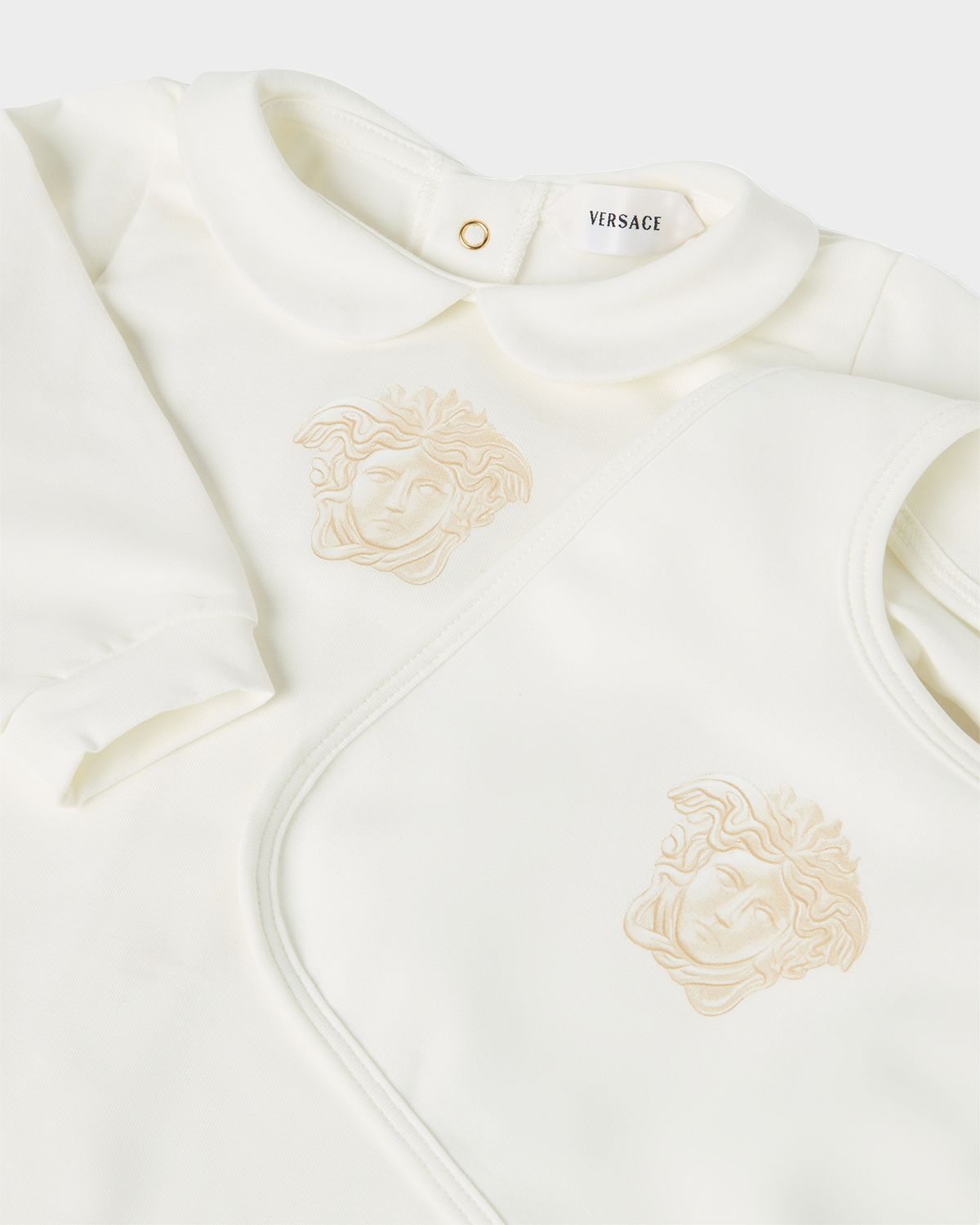 Versace Girl 's Medusa Stretch Cotton Jersey Sleepsuit & Bib Set, Size 1M-6M | Thumbnail 3 Versace Girl 's Medusa Stretch Cotton Jersey Sleepsuit & Bib Set, Size 1M-6M | Thumbnail 3