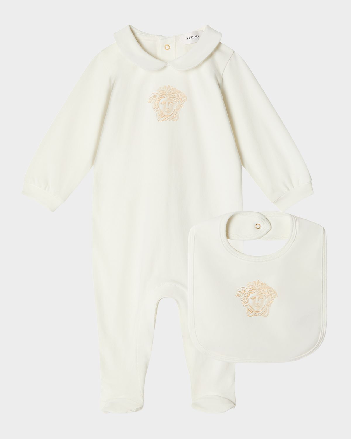 Versace Girl 's Medusa Stretch Cotton Jersey Sleepsuit & Bib Set, Size 1M-6M