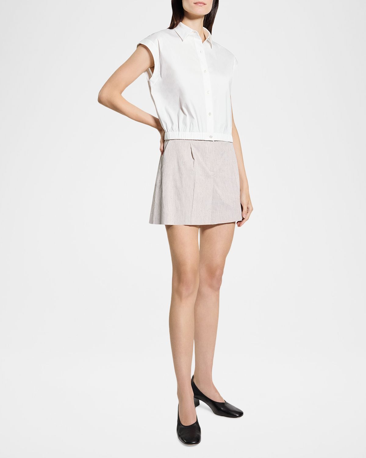 Theory Cropped Elasticated-Waist Button-Front Shirt