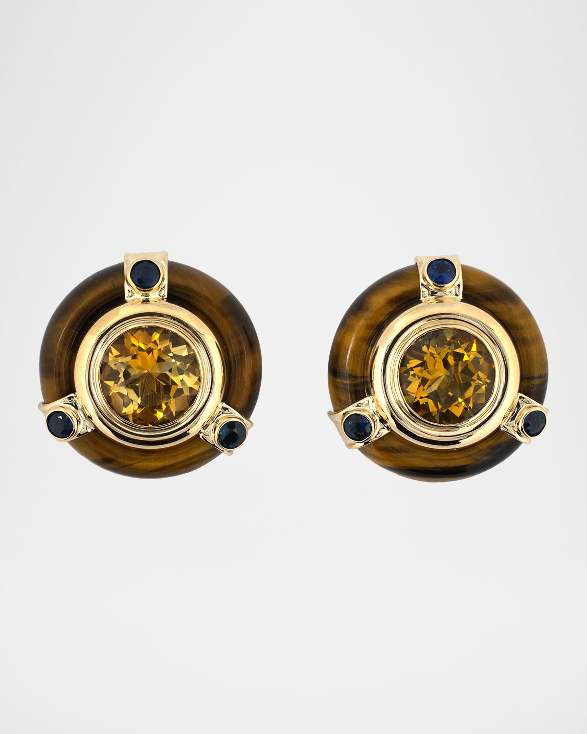 NM Estate Estate 14K Yellow Gold Tiger 's Eye Clip Earrings with Citrine and Sapphires