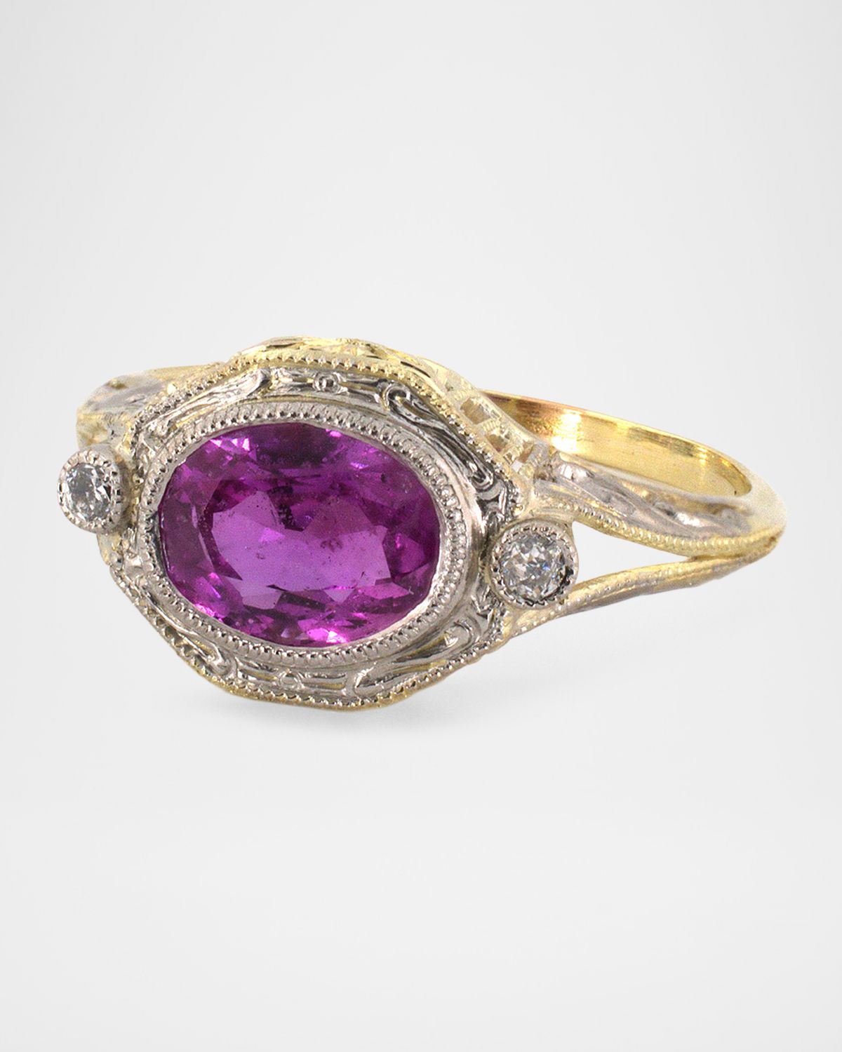 NM Estate Estate 14K Yellow Gold Diamond and Pink Sapphire Edwardian Ring, Size 6.25