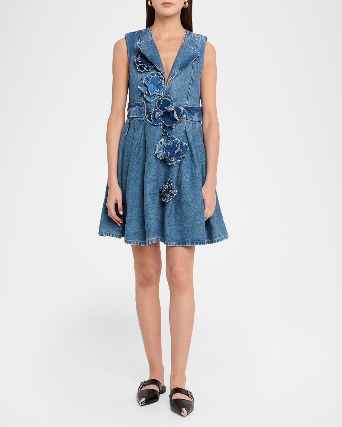 Ganni Denim Floral Appliqué Mini Dress