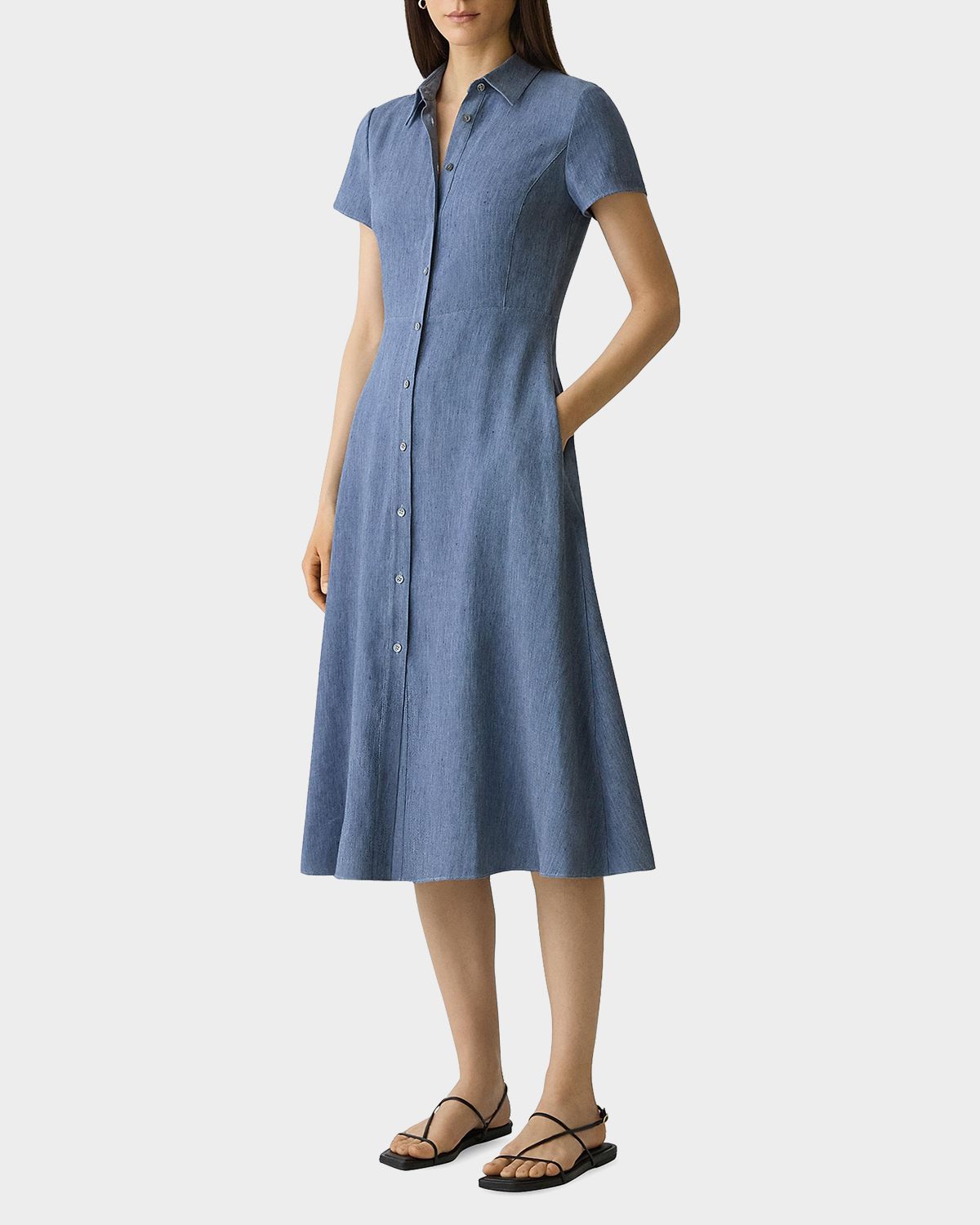 Theory Short-Sleeve Button-Front Linen-Blend Midi Dress