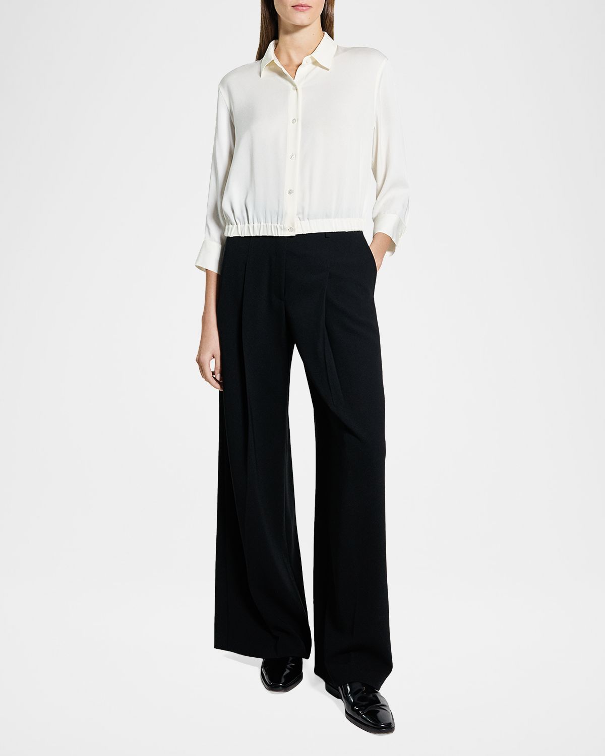 Theory Scrunched-Sleeve Cropped Button-Front Silk Shirt