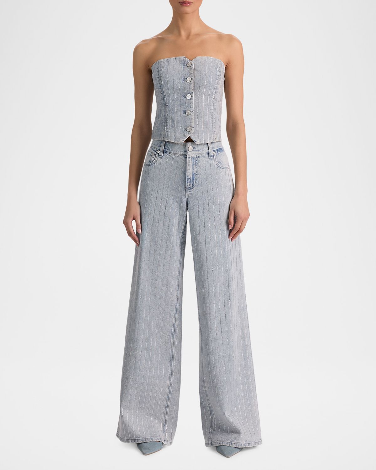 ALICE + OLIVIA Amazing Embellished Pinstriped Wide-Leg Jeans