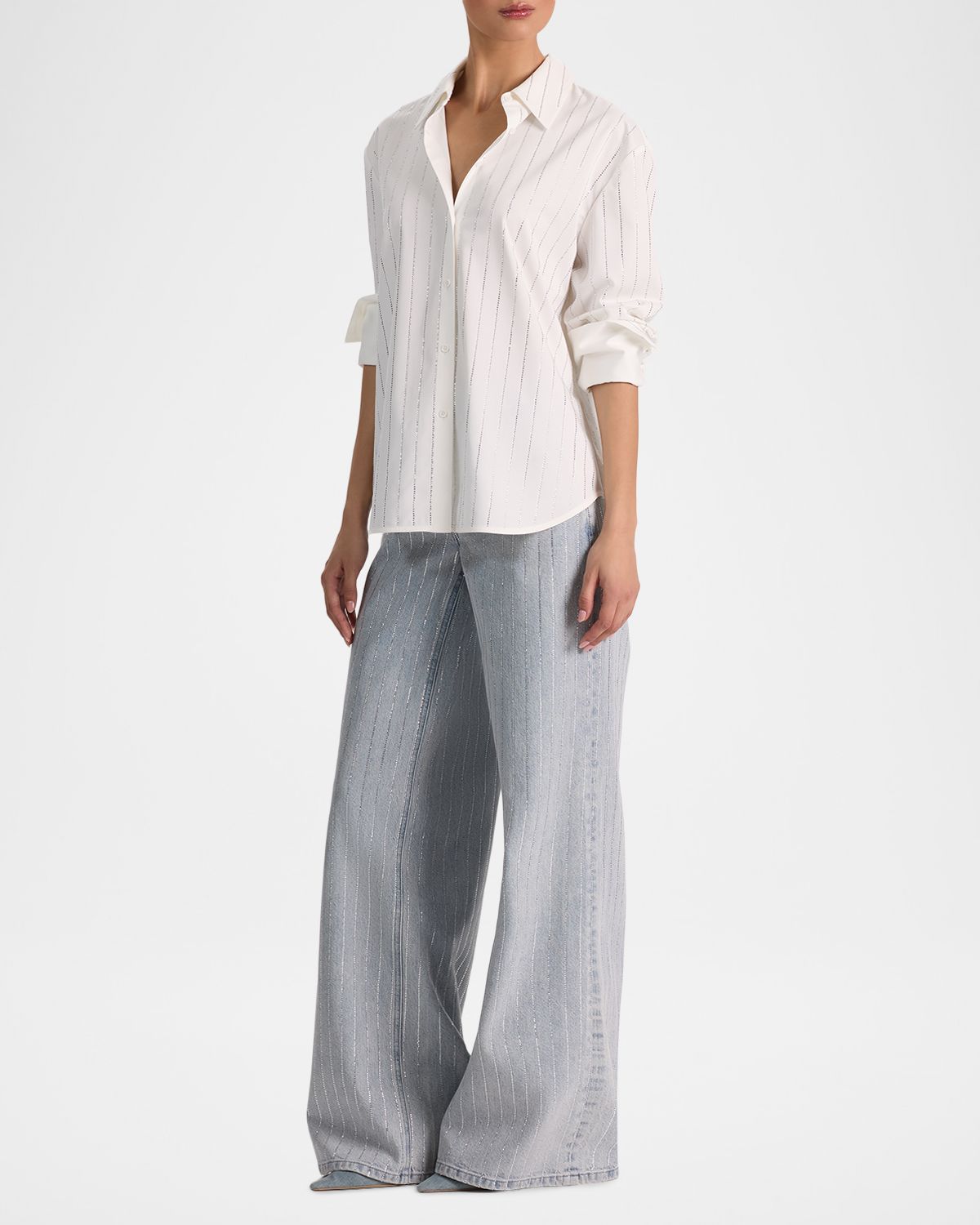 ALICE + OLIVIA Finely Embellished Striped Oversized Blouse