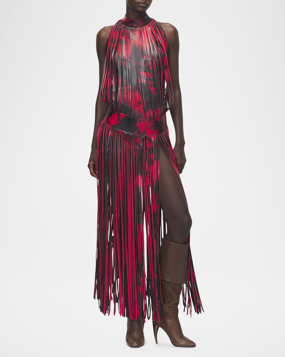 McQueen Floral-Print Leather Fringe Maxi Dress