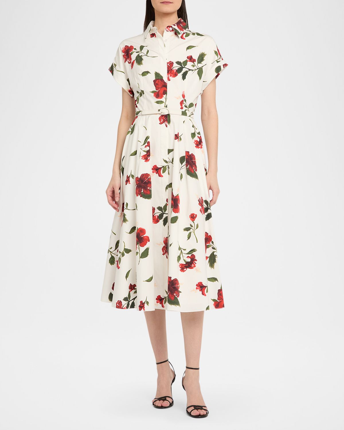 Oscar de la Renta Short-Sleeve Hibiscus Cotton Poplin Midi Shirtdress With Belt | Thumbnail 5