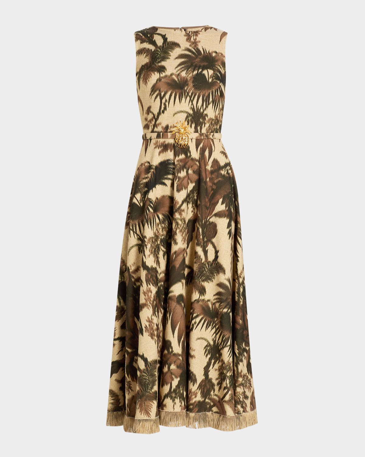 Oscar de la Renta Sleeveless Chine Palm-Print Belted Midi Dress | Thumbnail 7 Oscar de la Renta Sleeveless Chine Palm-Print Belted Midi Dress | Thumbnail 7