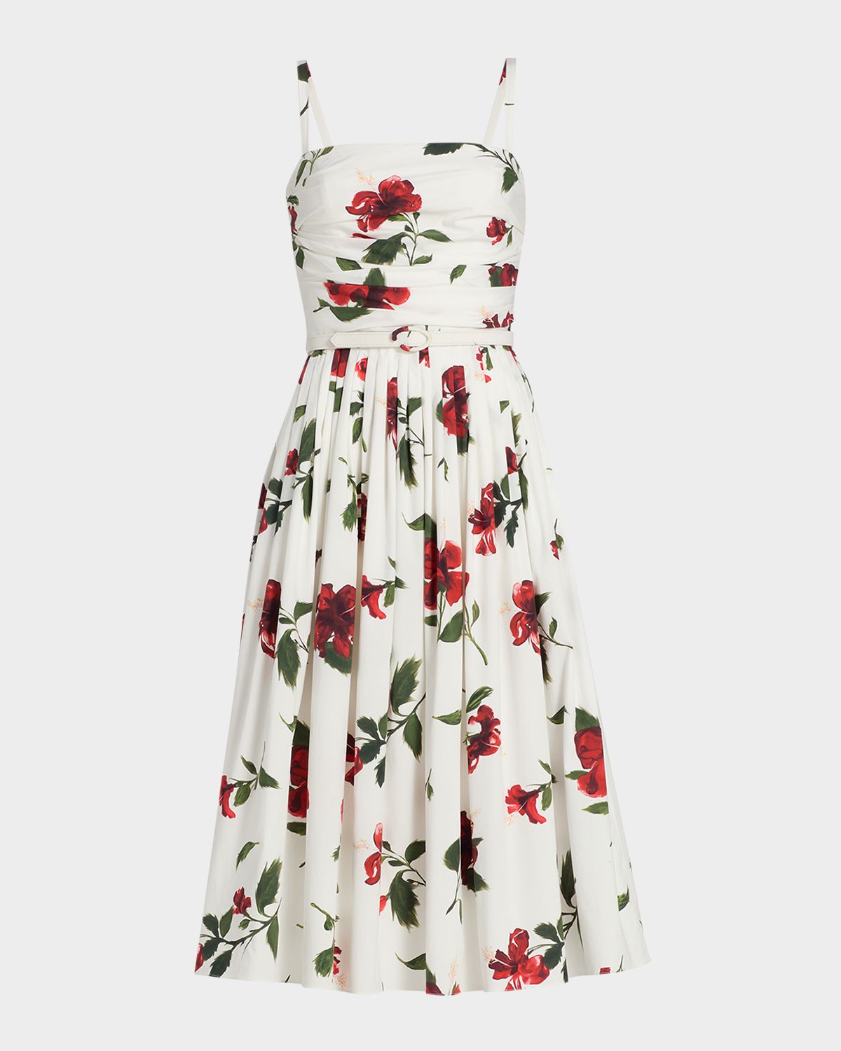 Oscar de la Renta Sleeveless Hibiscus Print Cotton Pleated Midi Dress
