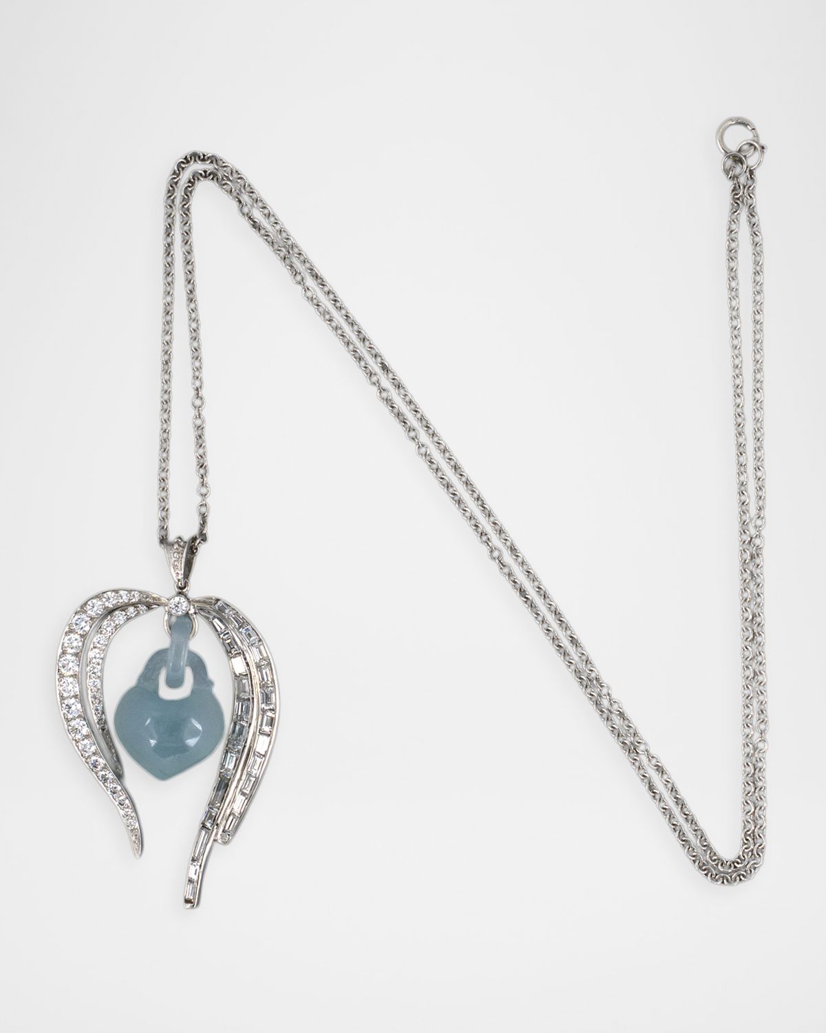 NM Estate Estate Platinum Diamond and Jadeite Bleeding Heart Pendant Necklace