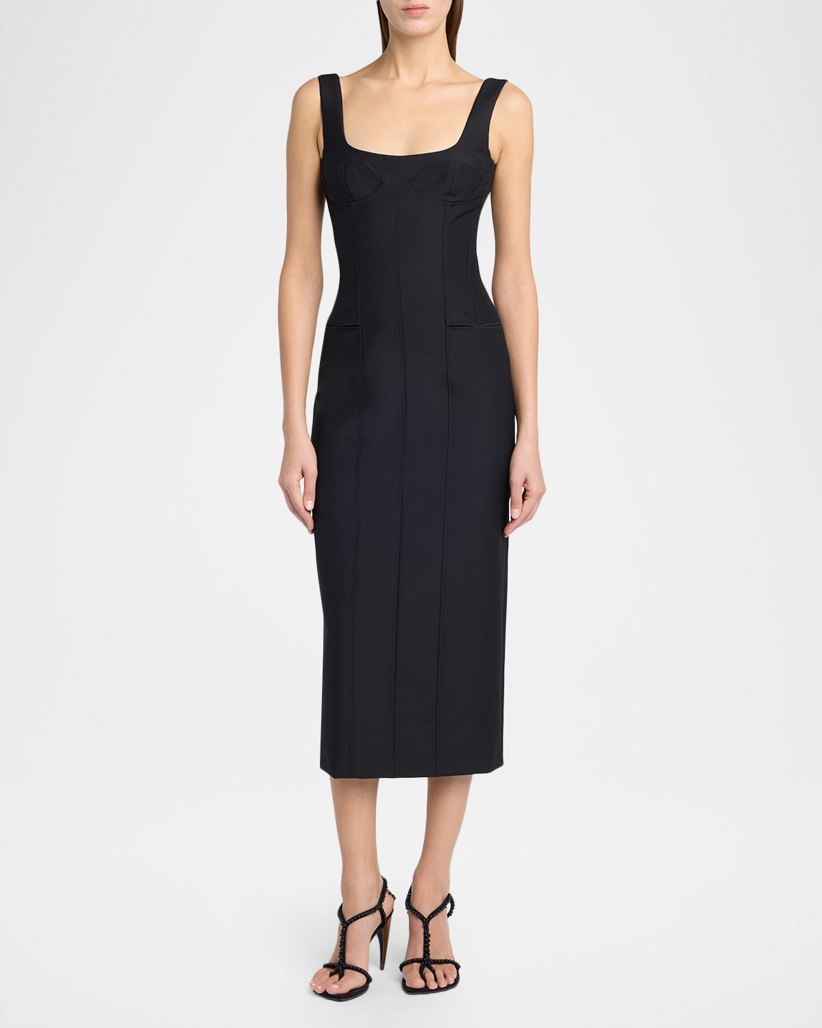 McQueen Sleeveless Square-Neck Corset Midi Dress