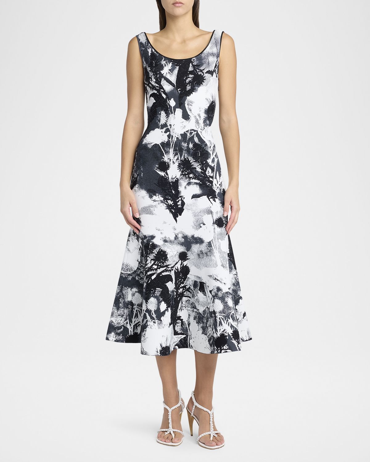 McQueen Flowers Jacquard Compact Knit Trumpet Midi Dress