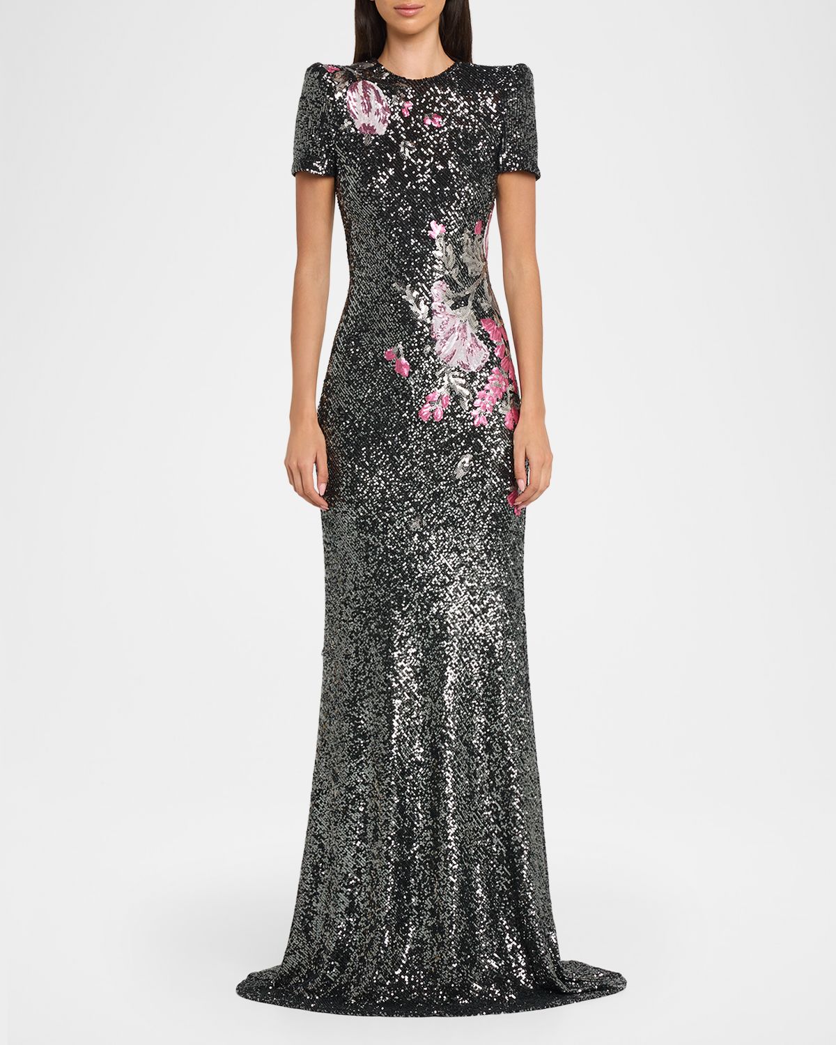 Naeem Khan Floral Applique Stretch Sequin Cap-Sleeve Gown