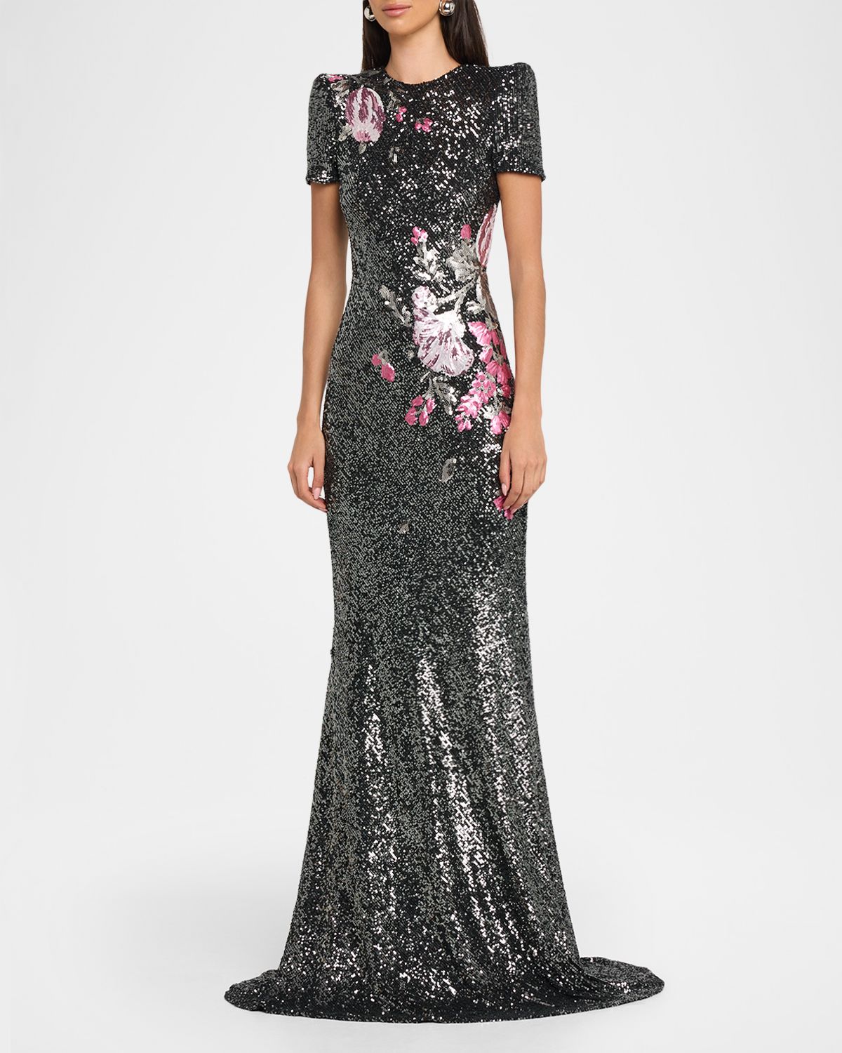 Naeem Khan Floral Applique Stretch Sequin Cap-Sleeve Gown | Thumbnail 4 Naeem Khan Floral Applique Stretch Sequin Cap-Sleeve Gown | Thumbnail 4