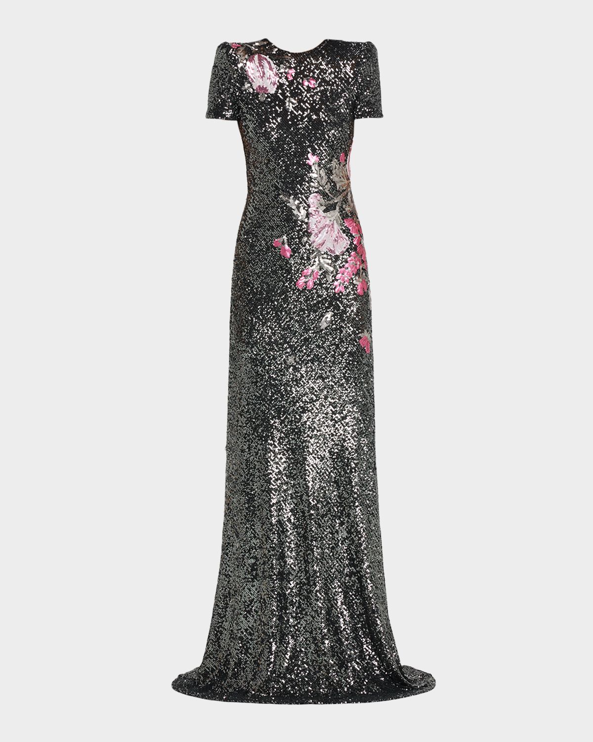 Naeem Khan Floral Applique Stretch Sequin Cap-Sleeve Gown
