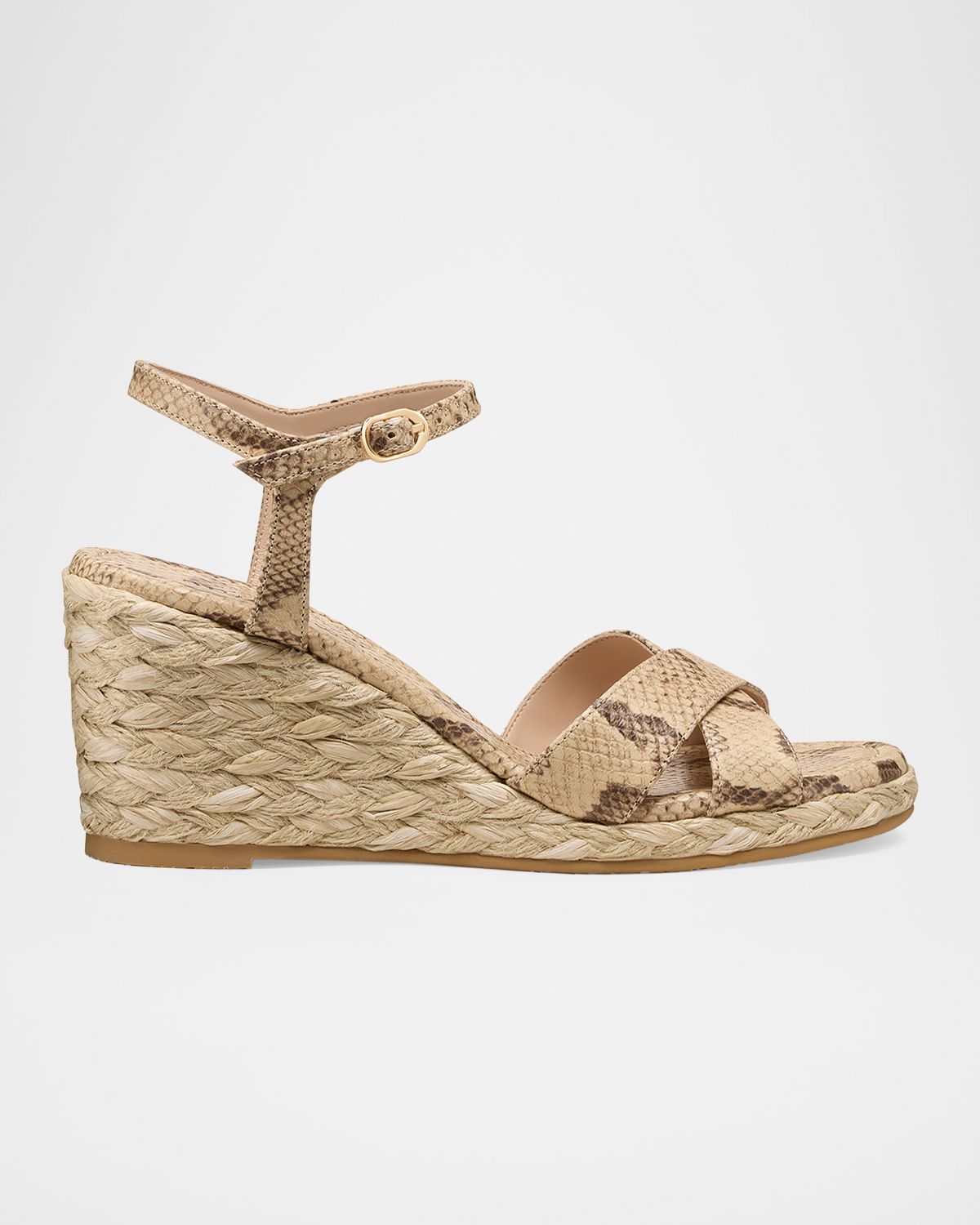 Stuart Weitzman 65mm Dayna Snake-Printed Leather Espadrille Wedge Sandals