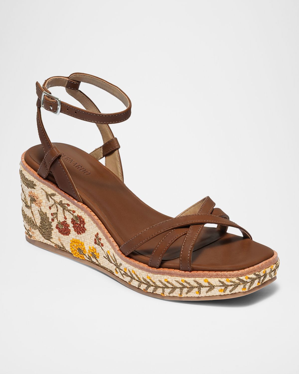 Bernardo 95mm Cairo Embroidered Raffia and Leather Wedge Sandals