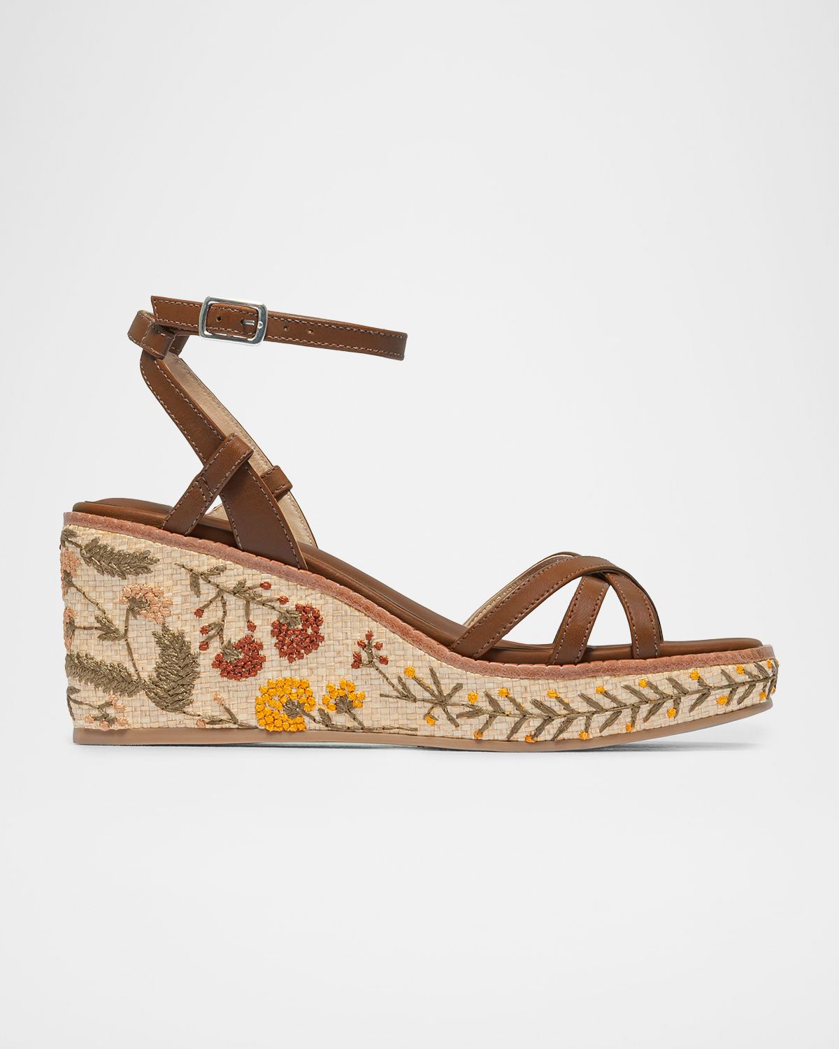 Bernardo 95mm Cairo Embroidered Raffia and Leather Wedge Sandals