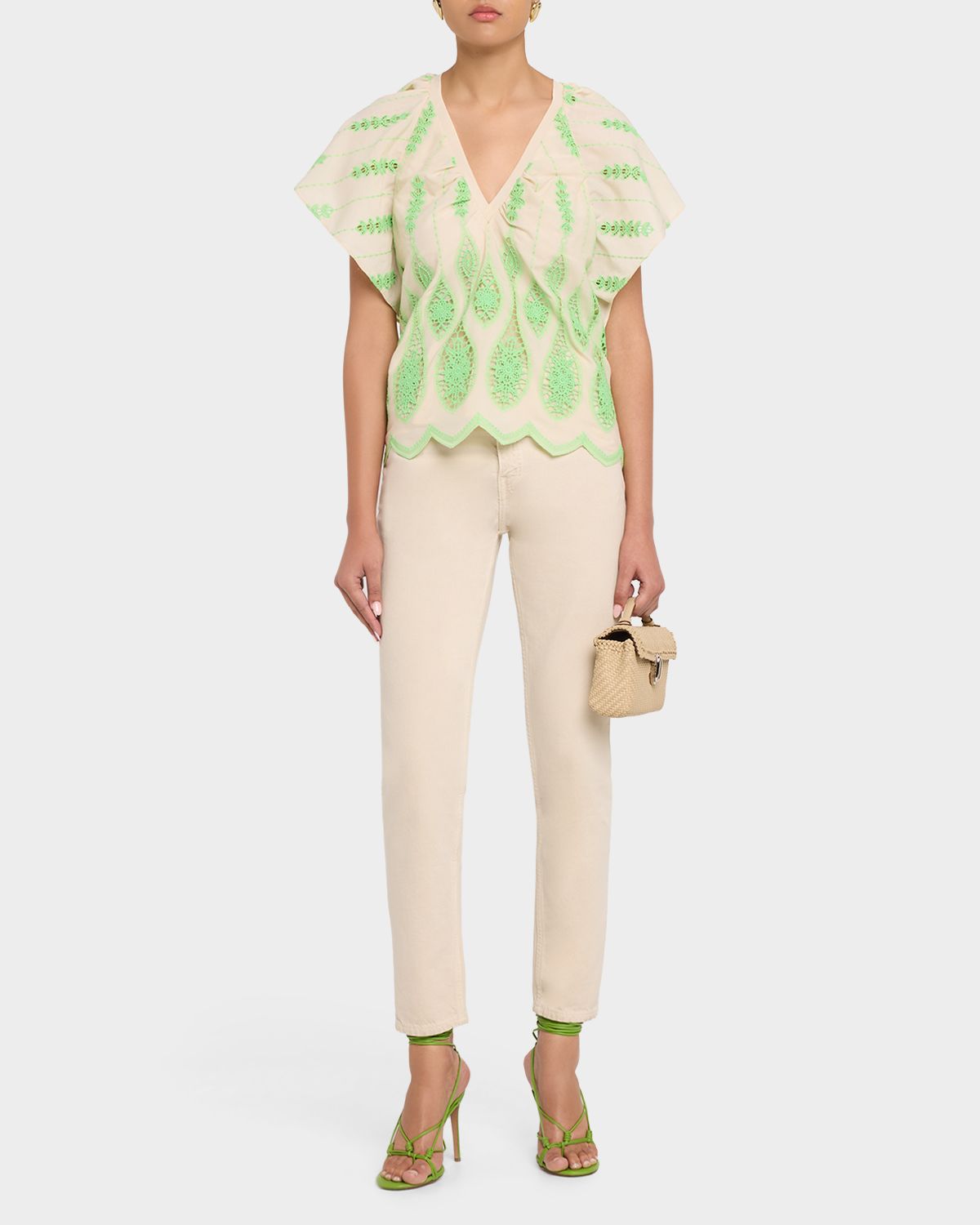 Ramy Brook Bettie Embroidered Short-Sleeve Top