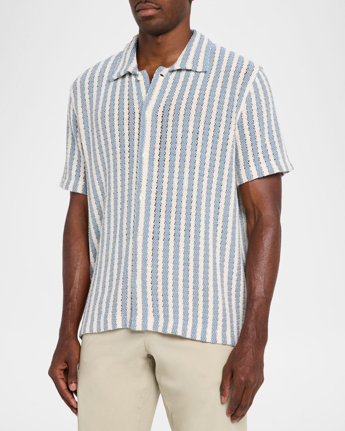 Vince Men 's Beach Stripe Open Knit Short-Sleeve Shirt | Thumbnail 4 Vince Men 's Beach Stripe Open Knit Short-Sleeve Shirt | Thumbnail 4