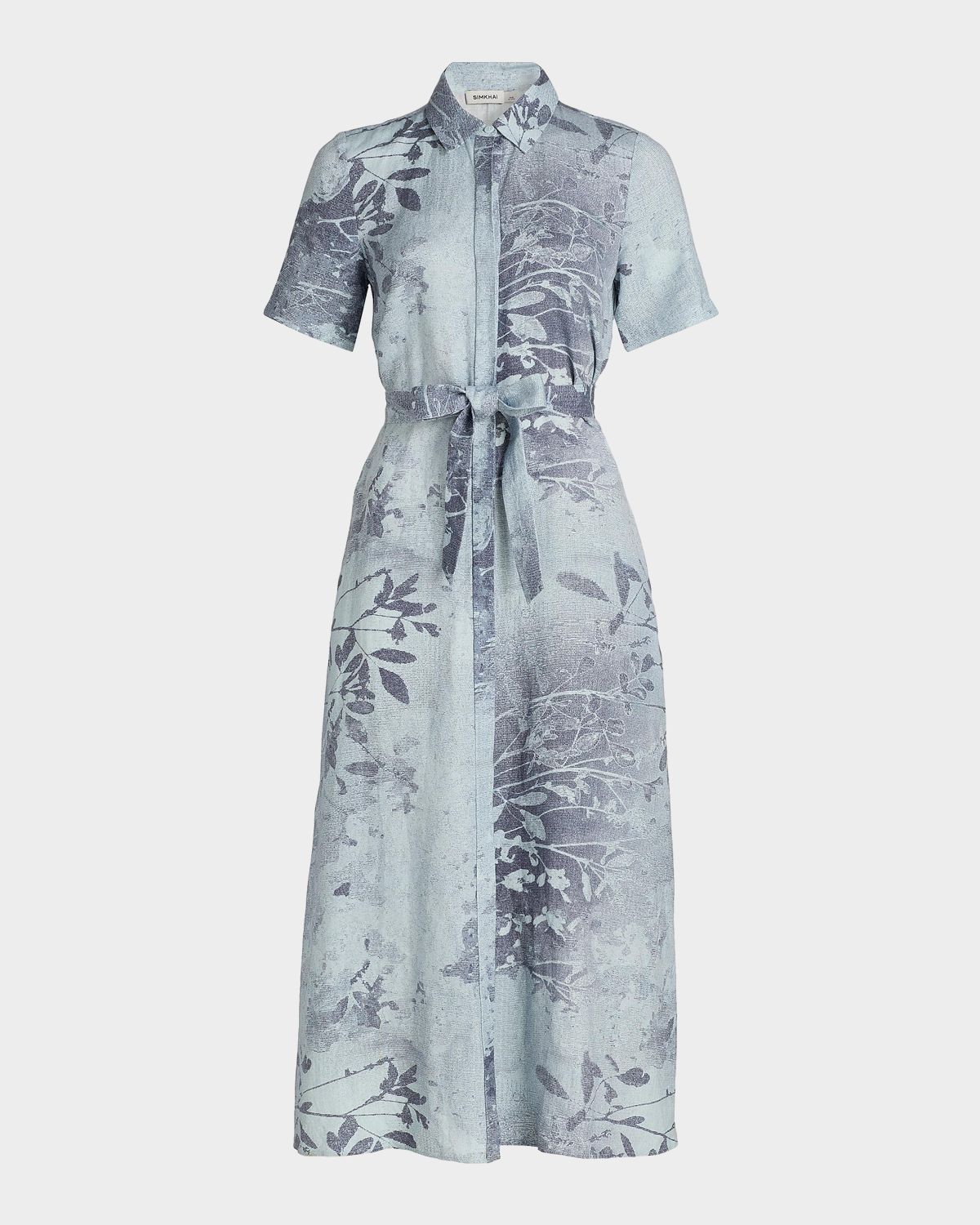 SIMKHAI Audria Floral Linen-Blend Belted Midi-Dress