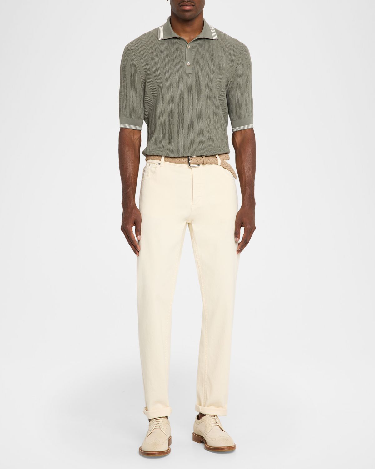 Brunello Cucinelli Men 's Cotton Textured Rib Knit Polo Shirt | Thumbnail 5 Brunello Cucinelli Men 's Cotton Textured Rib Knit Polo Shirt | Thumbnail 5