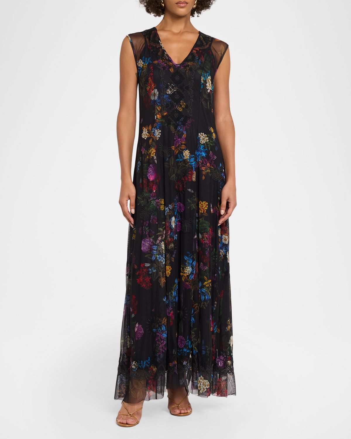 Johnny Was Socorro Floral-Print Embroidered Mesh Maxi Dress